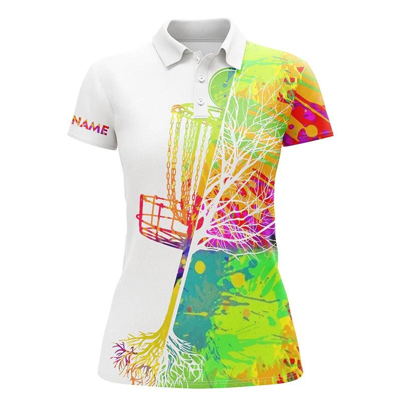 Customized Name Disc Golf Women Polo Shirts, Personalized Name Watercolor Disc Golf Basket Polo Shirts - Perfect Gift For Ladies, Disc Golf Lovers - Image 2