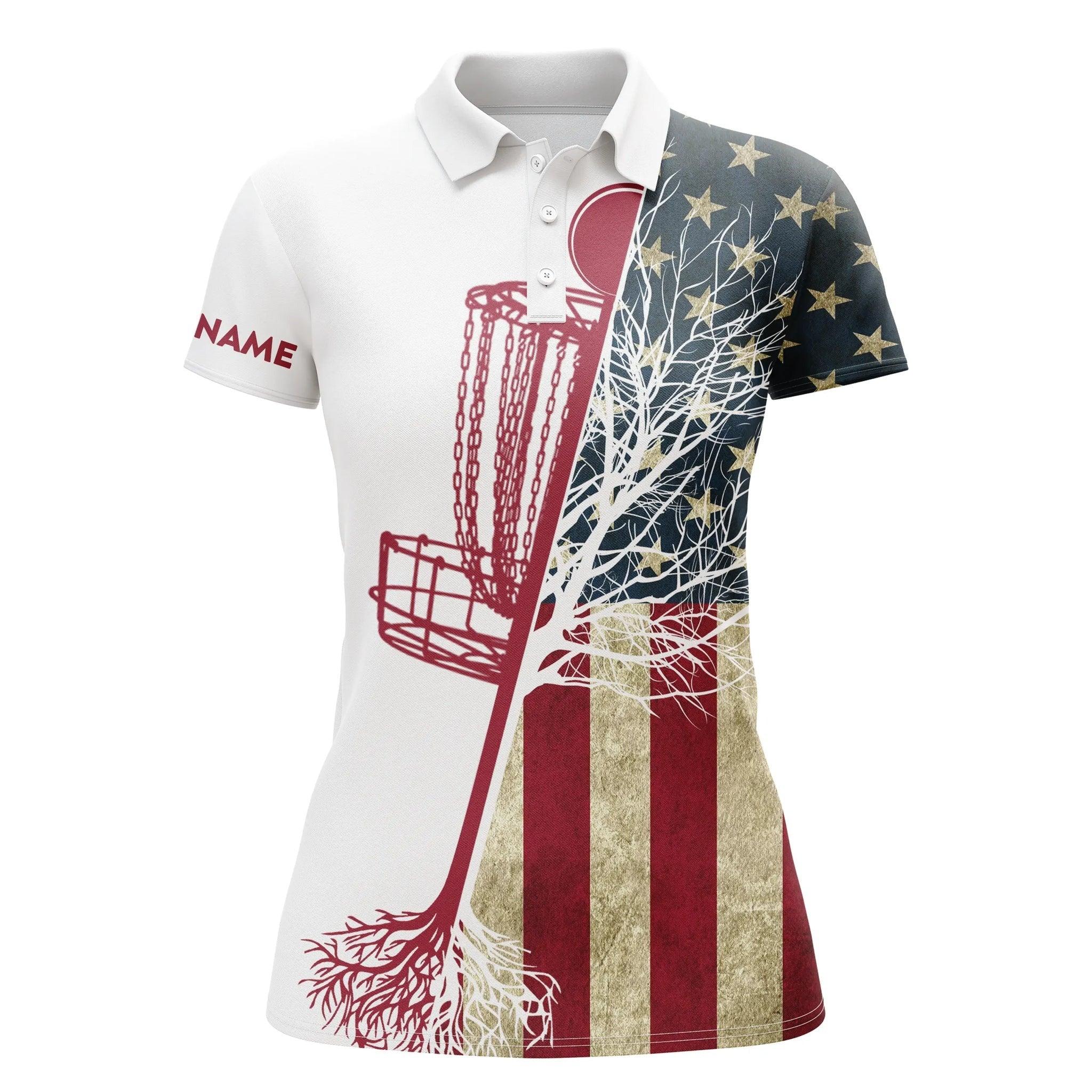 Customized Name Disc Golf Women Polo Shirts, Personalized Vintage American Flag Disc Golf Basket Shirts - Perfect Gift For Ladies, Disc Golf Lovers - Image 2