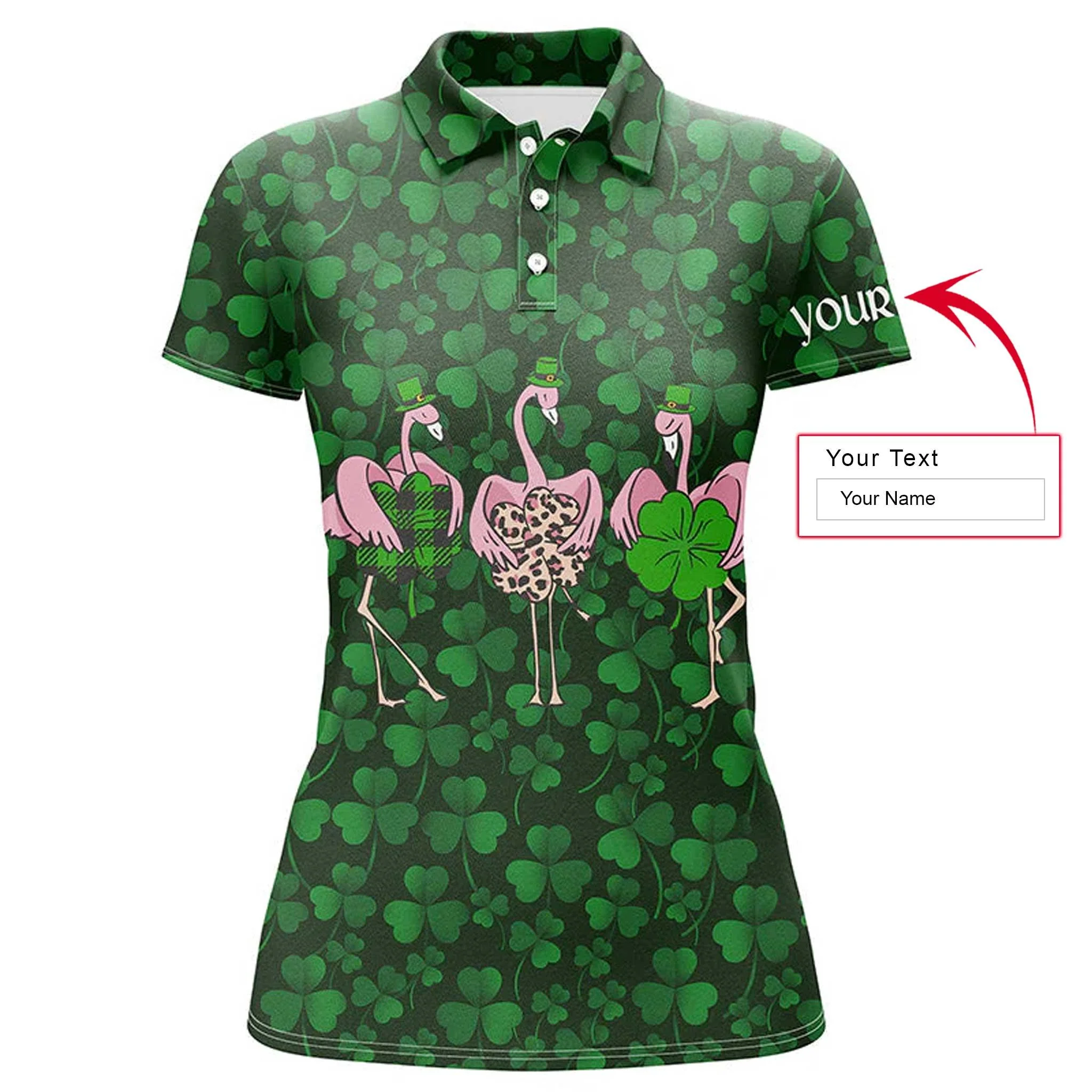 Customized Name Flamingo Women Polo Shirt, Funny Flamingo Green Clover St Patrick Day Background Personalized Women Polo Shirts, Gift For Ladies