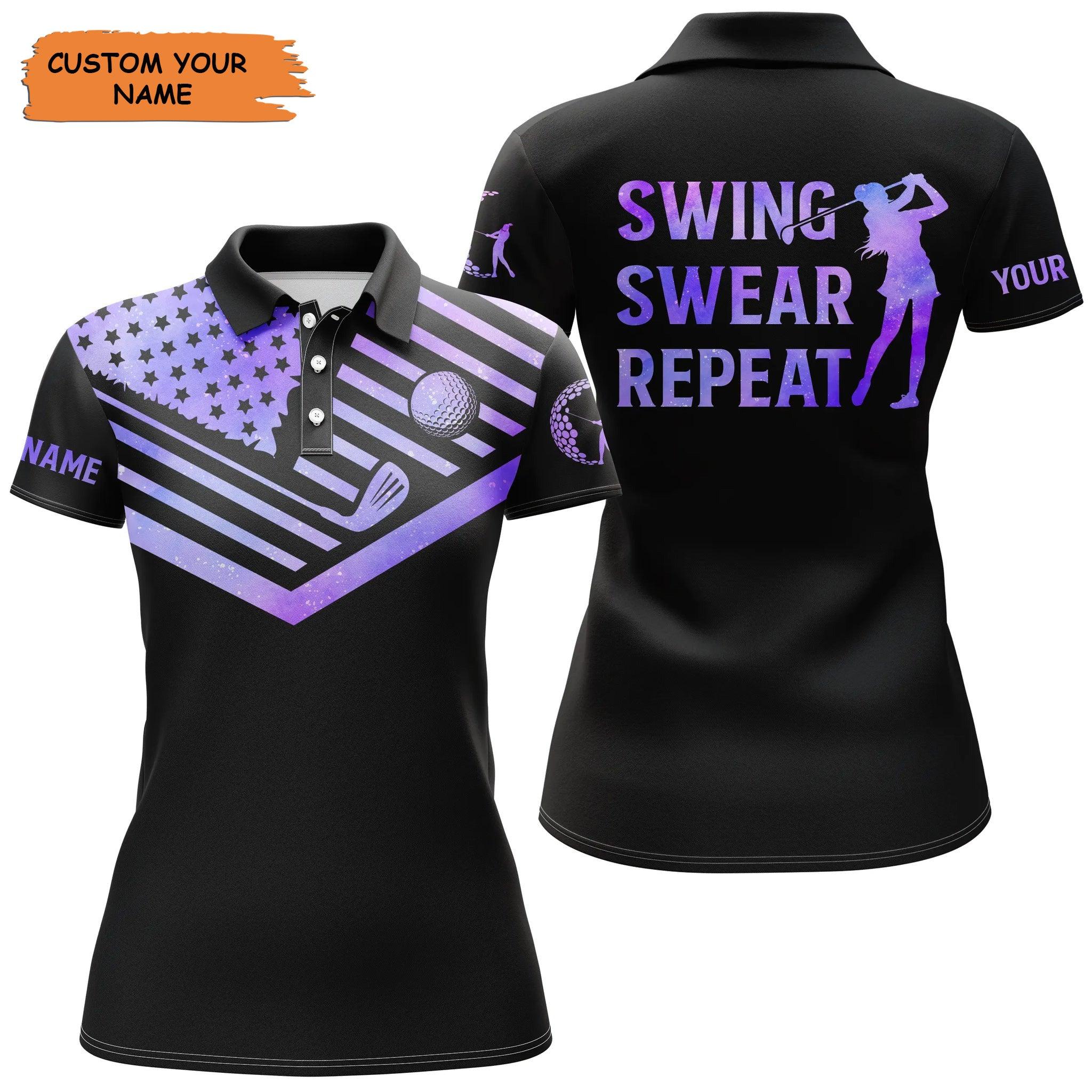 Customized Name Golf Women Polo Shirt, Purple Watercolor American Flag Personalized Swing Swear Repeat - Perfect Gift For Ladies, Golf Lovers, Golfers