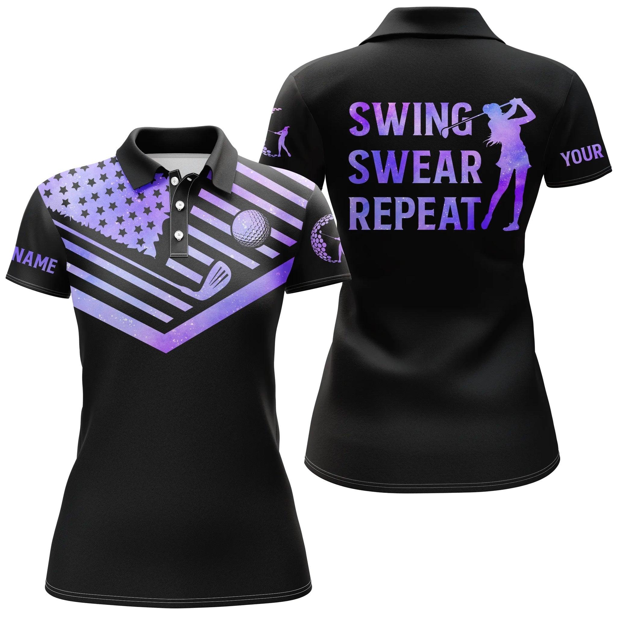 Customized Name Golf Women Polo Shirt, Purple Watercolor American Flag Personalized Swing Swear Repeat - Perfect Gift For Ladies, Golf Lovers, Golfers - Image 2