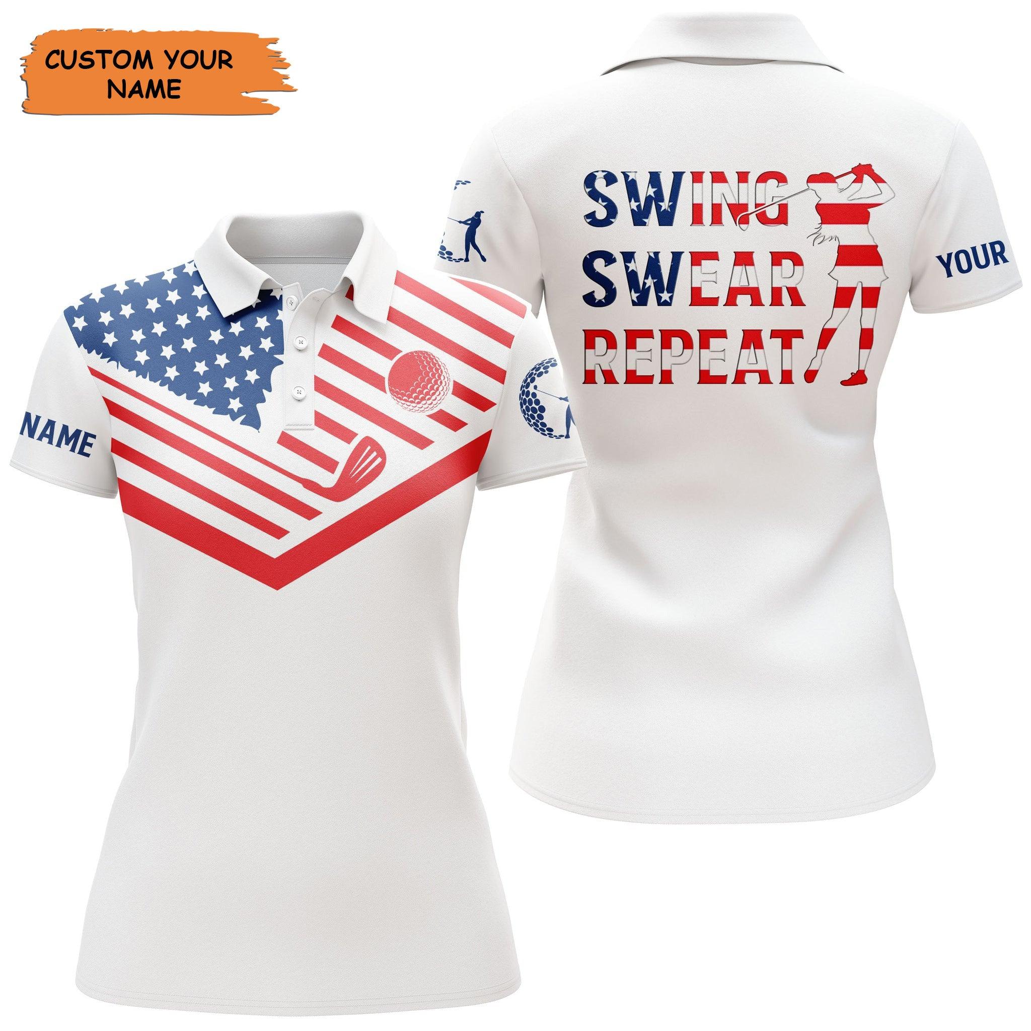 Customized Name Golf Women Polo Shirts, American Flag Patriot, Personalized Swing Swear Repeat For Ladies - Perfect Gift For Golfers, Golf Lovers