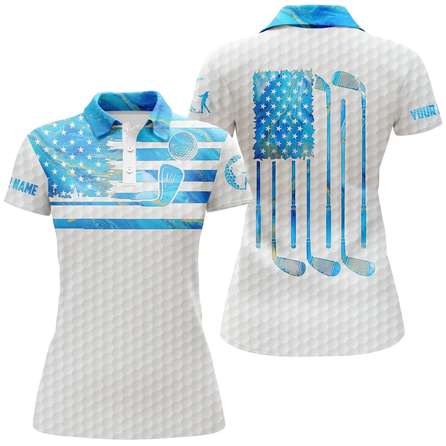 Customized Name Golf Women Polo Shirts, Blue Watercolor US Flag Patriotic Personalized White Polo Shirts - Perfect Gift For Golfers, Golf Lovers - Image 2