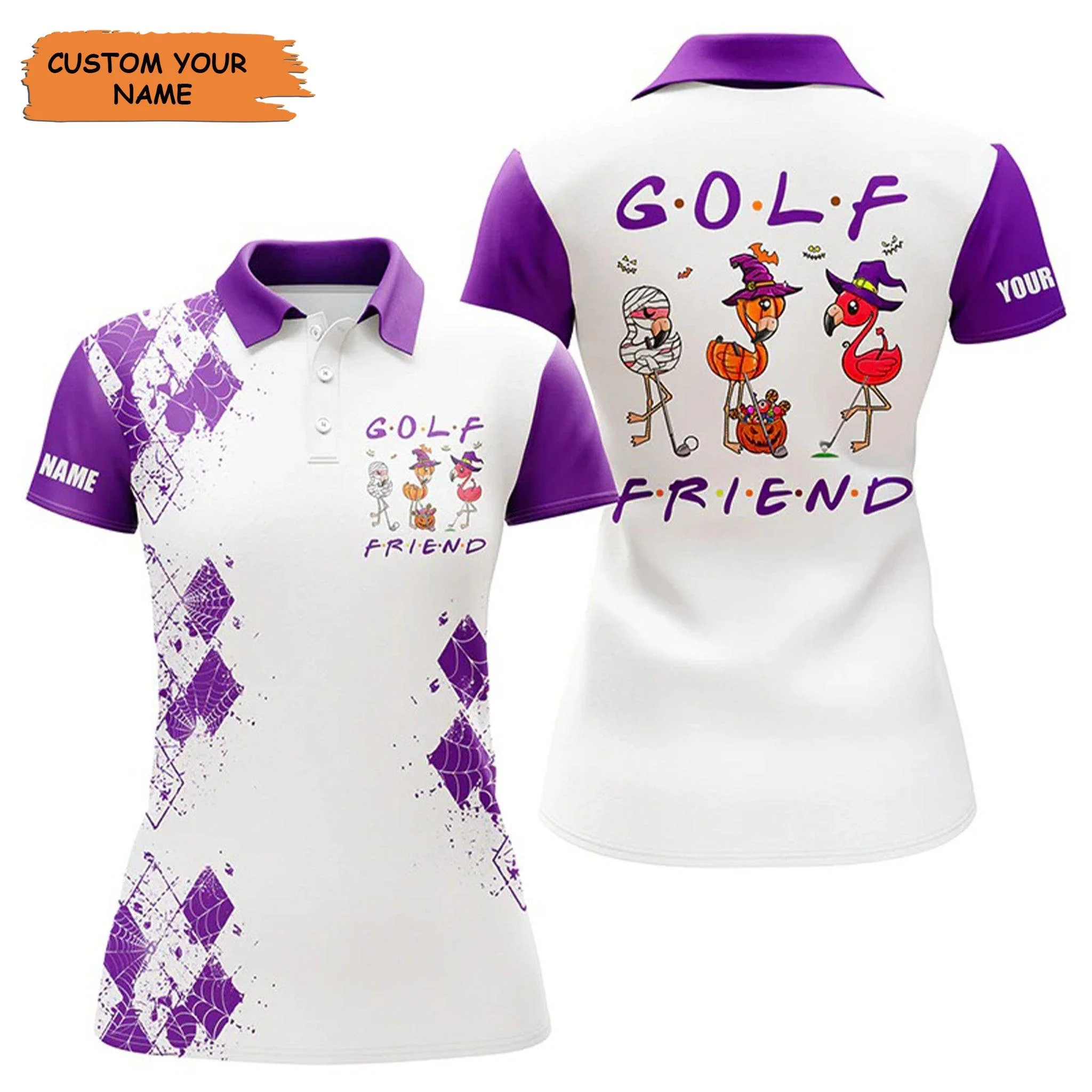 Customized Name Golf Women Polo Shirts, Flamingo Halloween Personalized Name Golf Friends Purple Shirts - Perfect Gift For Ladies, Golfers, Golf Lovers