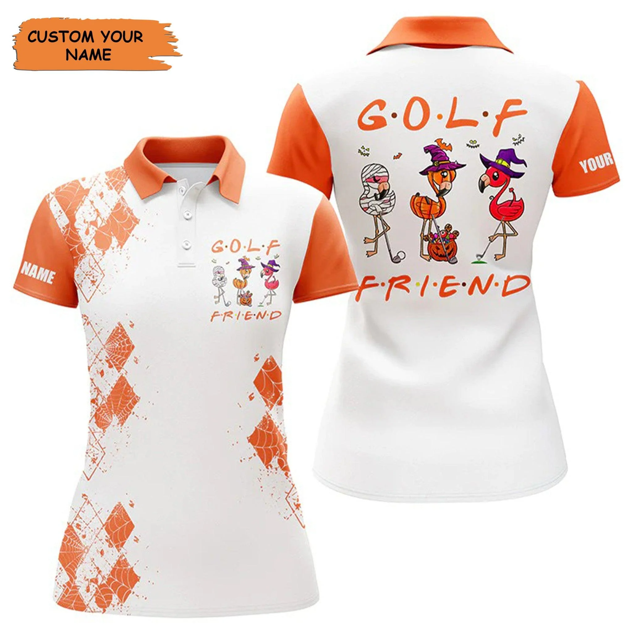 Customized Name Golf Women Polo Shirts, Funny Flamingo Halloween Personalized Name Golf Friends Shirts - Perfect Gift For Ladies, Golfers, Golf Lovers