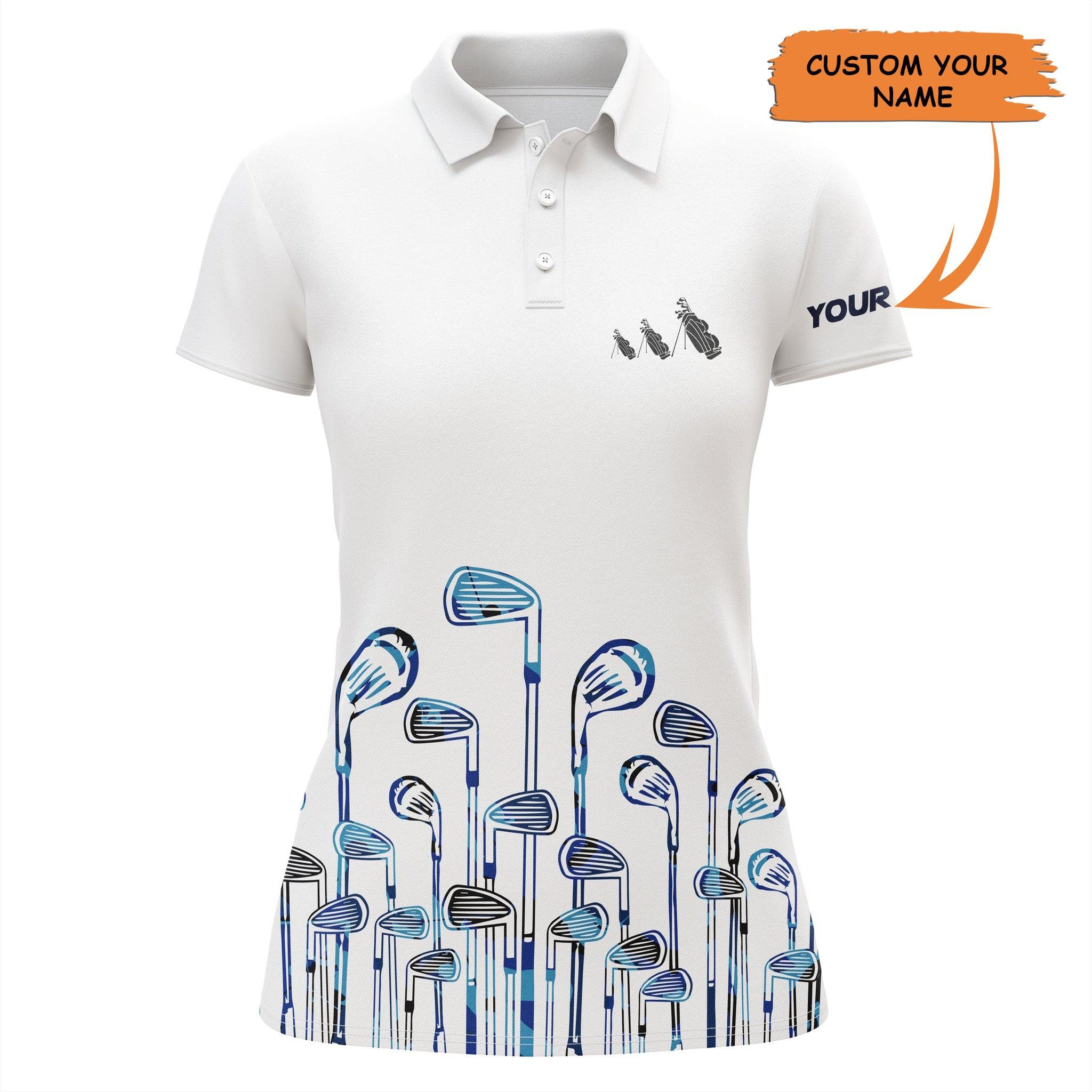 Customized Name Golf Women Polo Shirts, Golf Clubs White And Blue Shirts, Plus Size Women Golf Shirt, Perfect Gift For Women