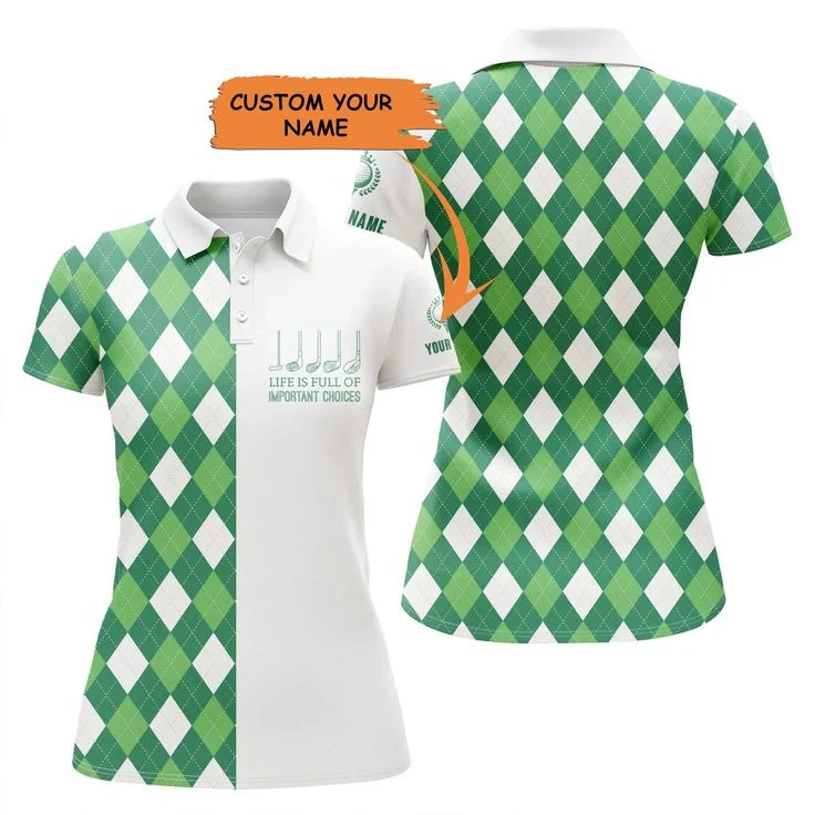 Customized Name Golf Women Polo Shirts, Green Argyle Plaid Custom Life Is Full Of Important Choices - Perfect Gift For Ladies, Golf Lovers, Golfers - Image 2