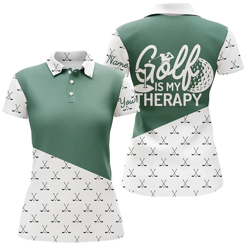 Customized Name Golf Women Polo Shirts, Green Golf Club Pattern Personalized Golf Is My Therapy Shirts - Perfect Gift For Ladies, Golfers, Golf Lovers - Image 2