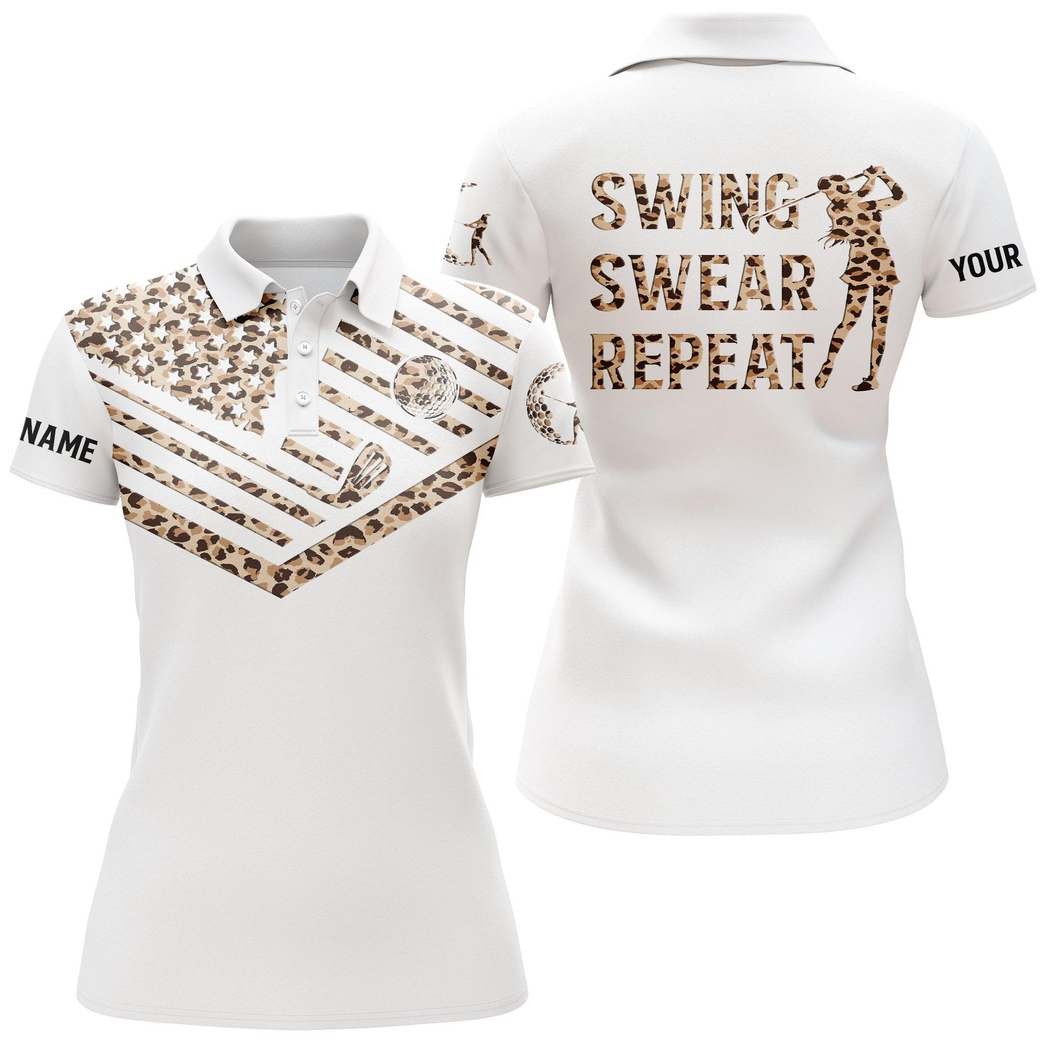 Customized Name Golf Women Polo Shirts, Leopard Pattern American Flag Personalized Swing Swear Repeat Shirts - Perfect Gift For Golfers, Golf Lovers - Image 2