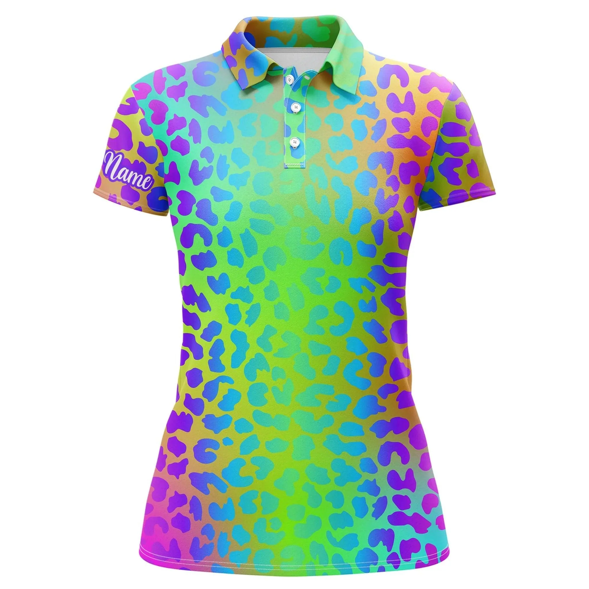 Customized Name Golf Women Polo Shirts, Neon Rainbow Leopard  Print Personalized Ladies Pattern Golf Shirts - Perfect Gift For Golfers, Golf Lovers - Image 2