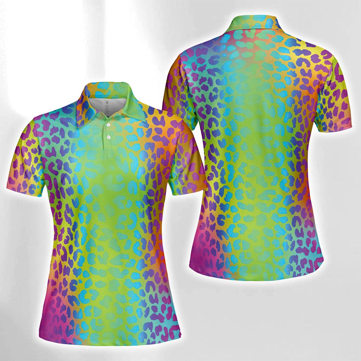 Customized Name Golf Women Polo Shirts, Neon Rainbow Leopard  Print Personalized Ladies Pattern Golf Shirts - Perfect Gift For Golfers, Golf Lovers - Image 3