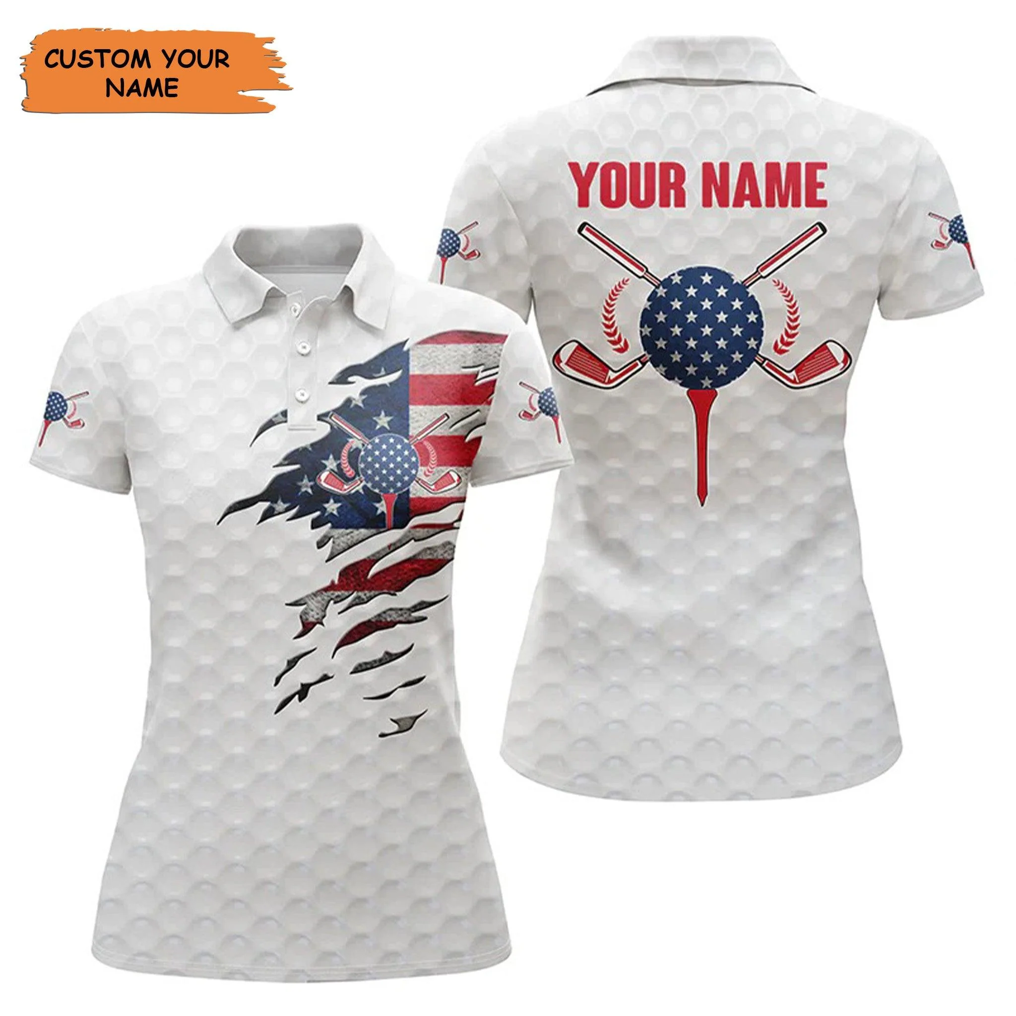 Customized Name Golf Women Polo Shirts, Personalized American Flag White Golf Ball Skin Women Polo Shirts  - Perfect Gift For Golfers, Golf Lovers