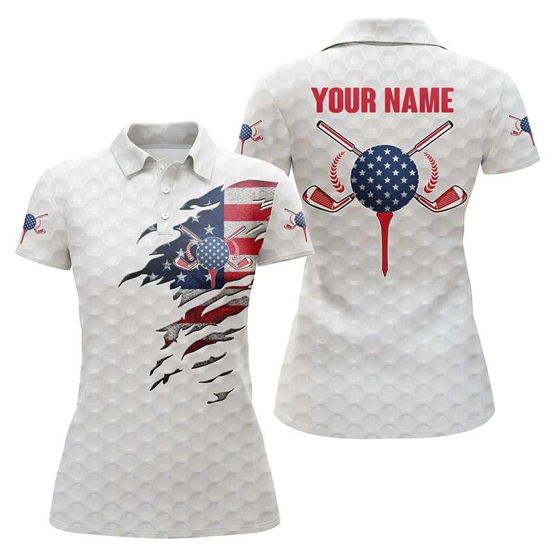 Customized Name Golf Women Polo Shirts, Personalized American Flag White Golf Ball Skin Women Polo Shirts  - Perfect Gift For Golfers, Golf Lovers - Image 2