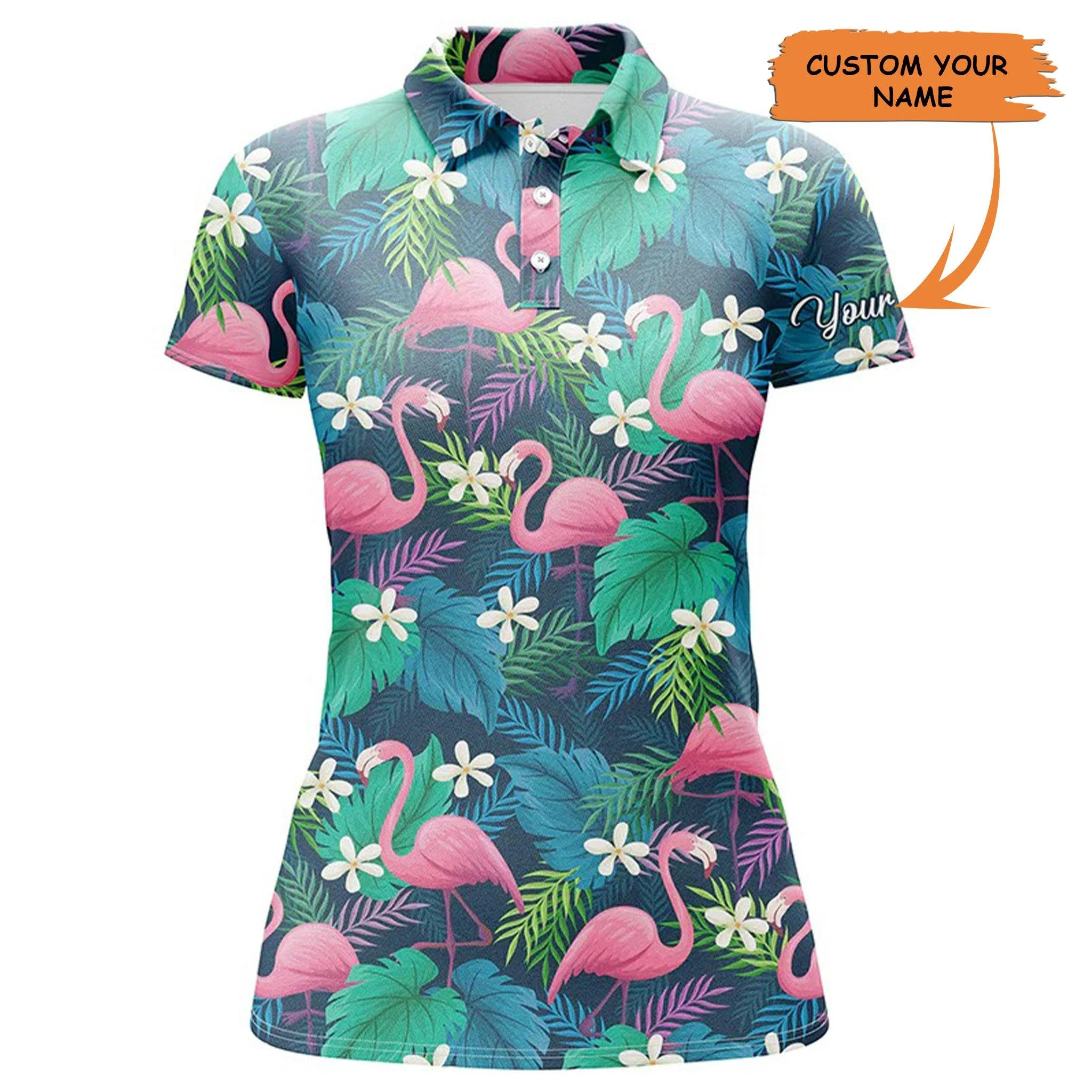 Customized Name Women Polo Shirts, Personalized Colorful Flamingo Green Tropical Leaf Pattern Polo Shirts - Perfect Gift For Women, Friends, Family