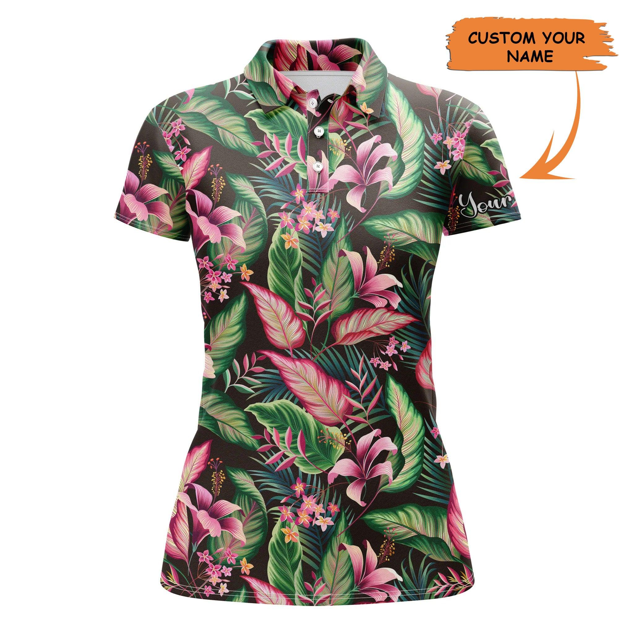 Customized Name Women Polo Shirts, Personalized Floral Pattern With Tropical Leaves Polo Shirts - Perfect Gift For Ladies, Friends, Family