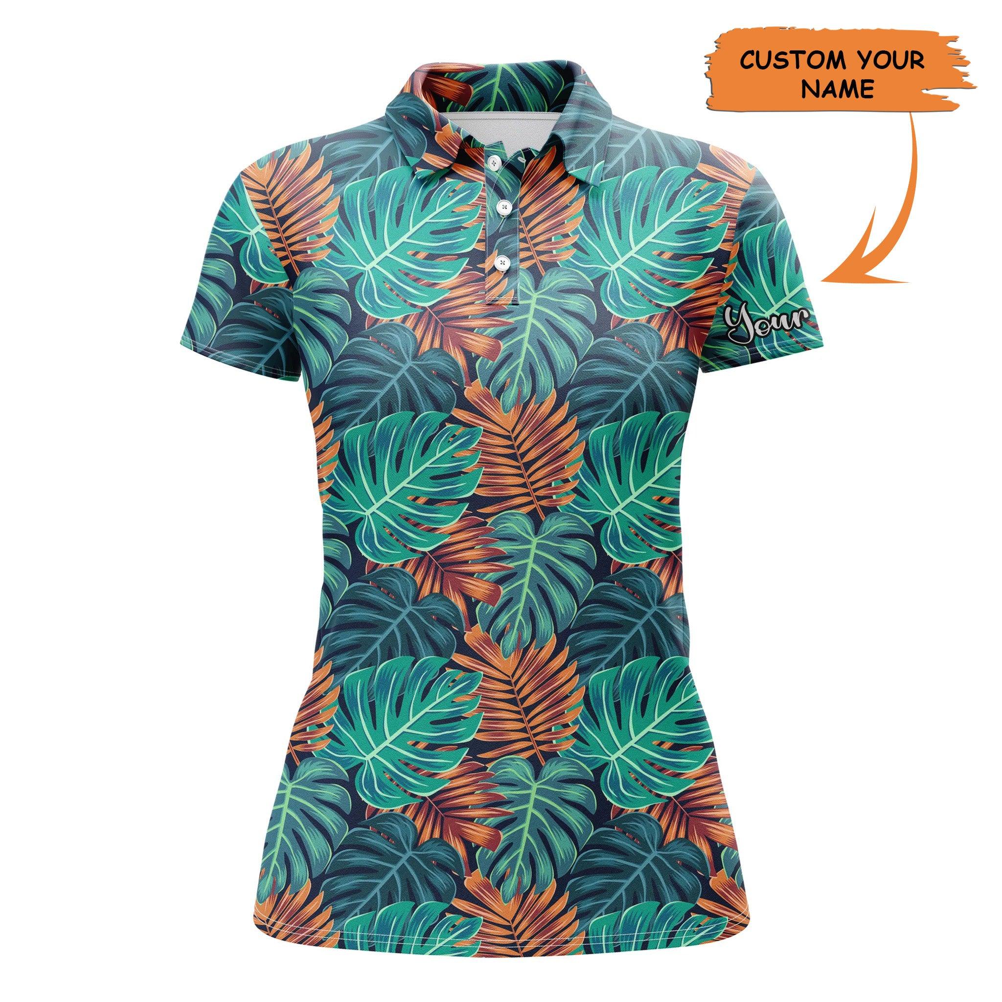 Customized Name Golf Women Polo Shirts, Personalized Monstera And Palm Leaves Nature Tropical Pattern Shirts - Perfect Gift For Golfers, Golf Lovers
