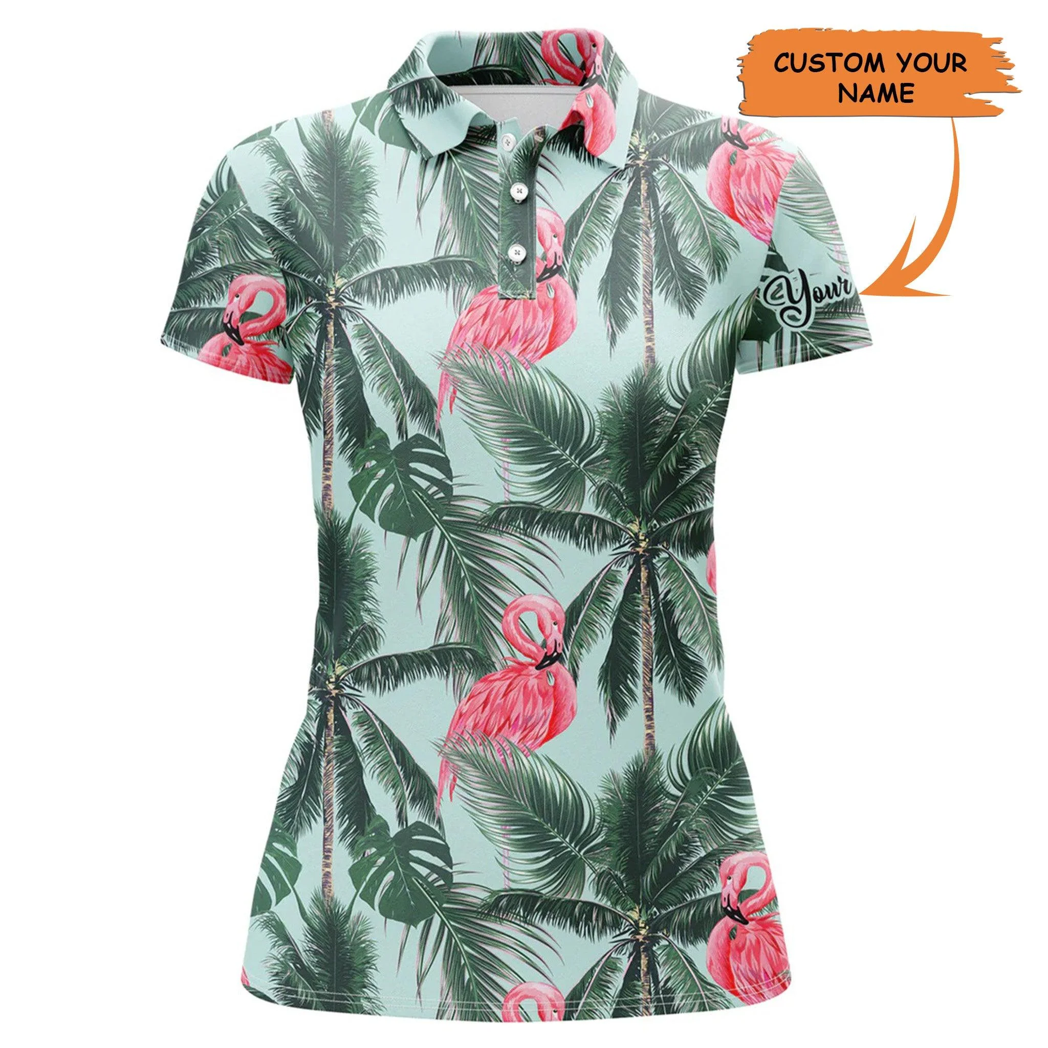 Customized Name Golf Women Polo Shirts, Personalized Pink Flamingos Tropical Palm Leaves Golf Polo Shirts - Perfect Gift For Golfers, Golf Lovers