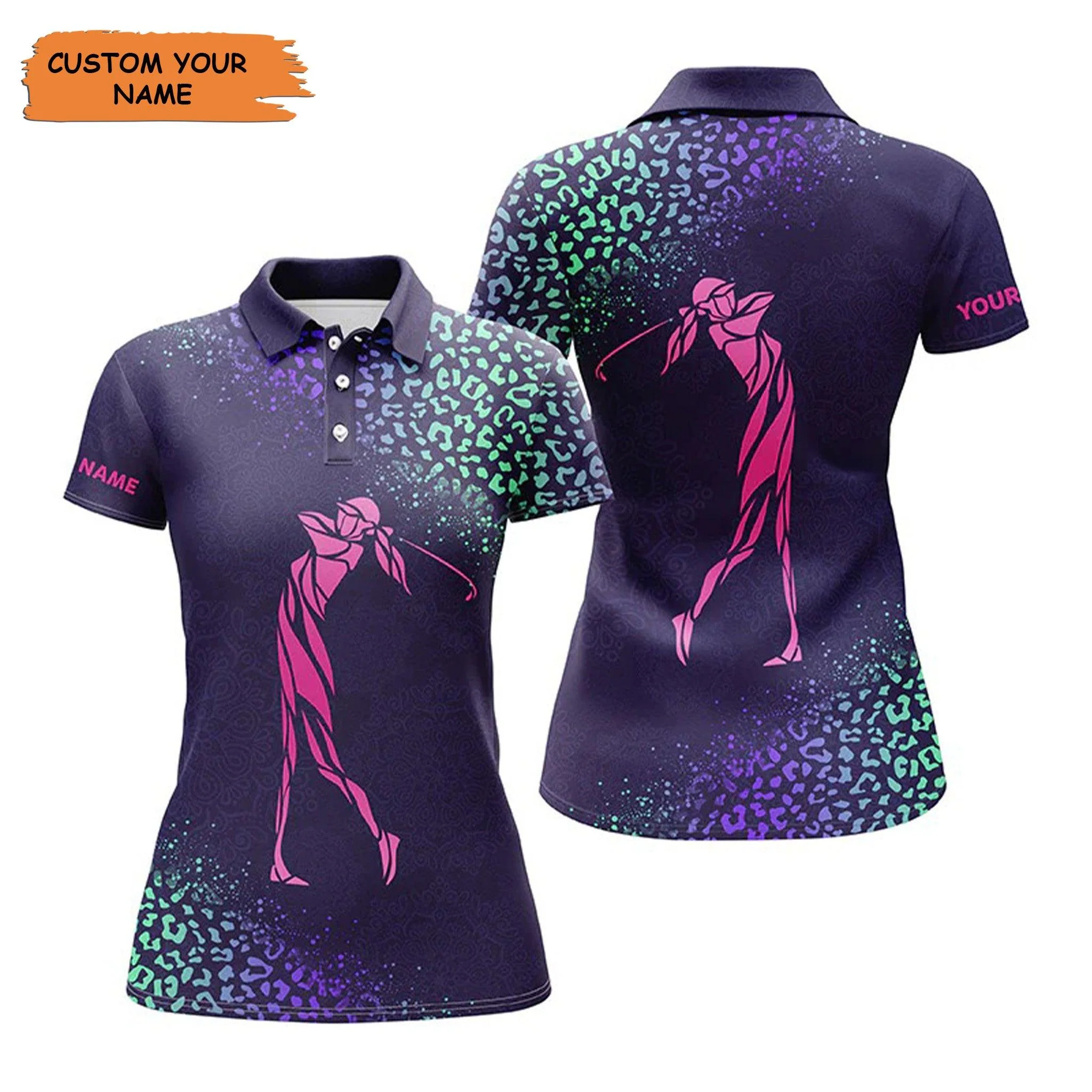 Customized Name Golf Women Polo Shirts, Personalized Purple Gradient Leopard Women Golf Clubs Polo Shirts - Perfect Gift For Golfers, Golf Lovers