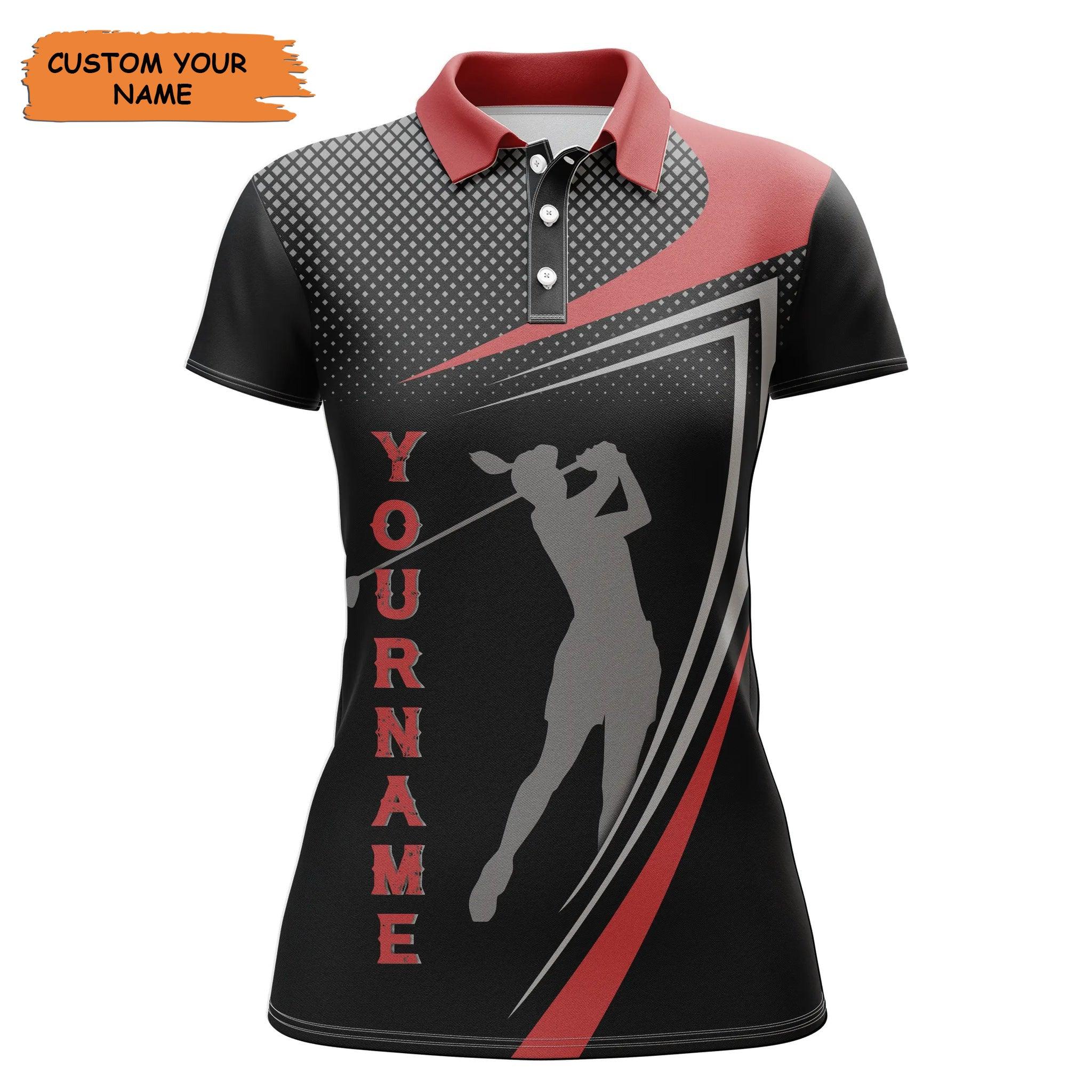 Customized Name Golf Women Polo Shirts, Personalized Red And Black Golf Polo Shirt, Golfer Silhouette - Perfect Gift For Ladies, Golfers, Golf Lovers