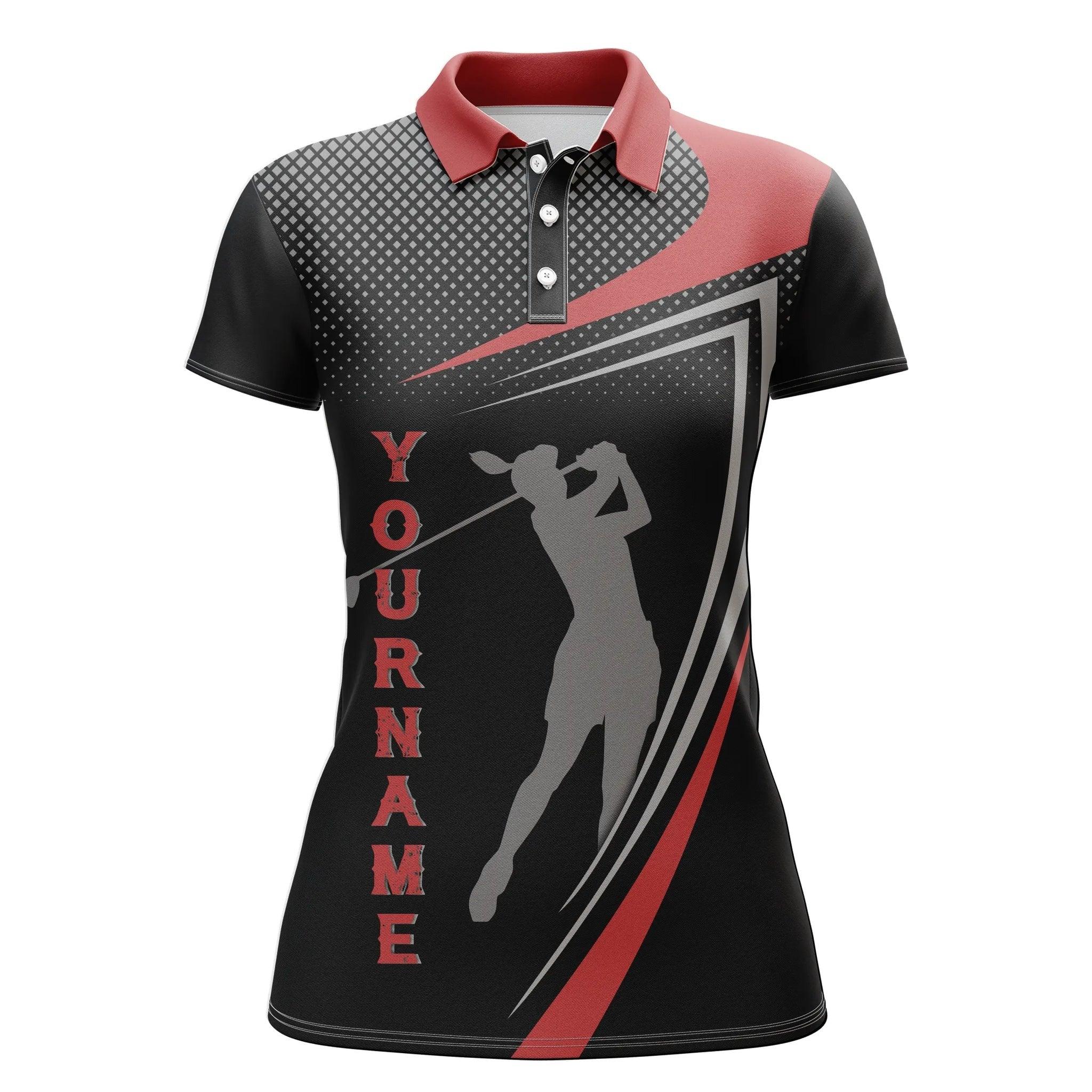 Customized Name Golf Women Polo Shirts, Personalized Red And Black Golf Polo Shirt, Golfer Silhouette - Perfect Gift For Ladies, Golfers, Golf Lovers - Image 2