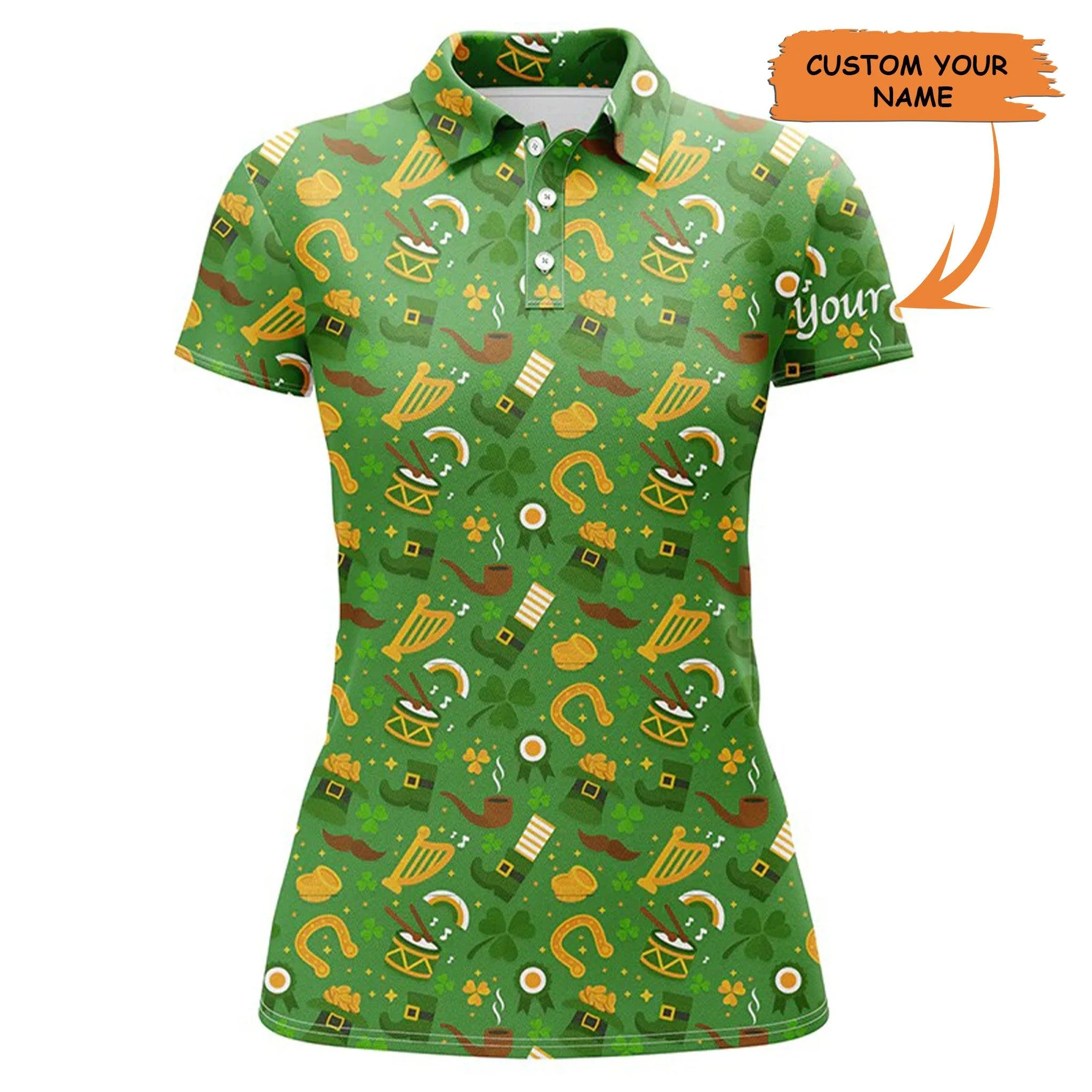 Customized Name Golf Women Polo Shirts, Personalized Saint Patrick's Day Green Pattern Polo Shirts - Perfect Gift For Ladies, Golf Lovers, Golfers