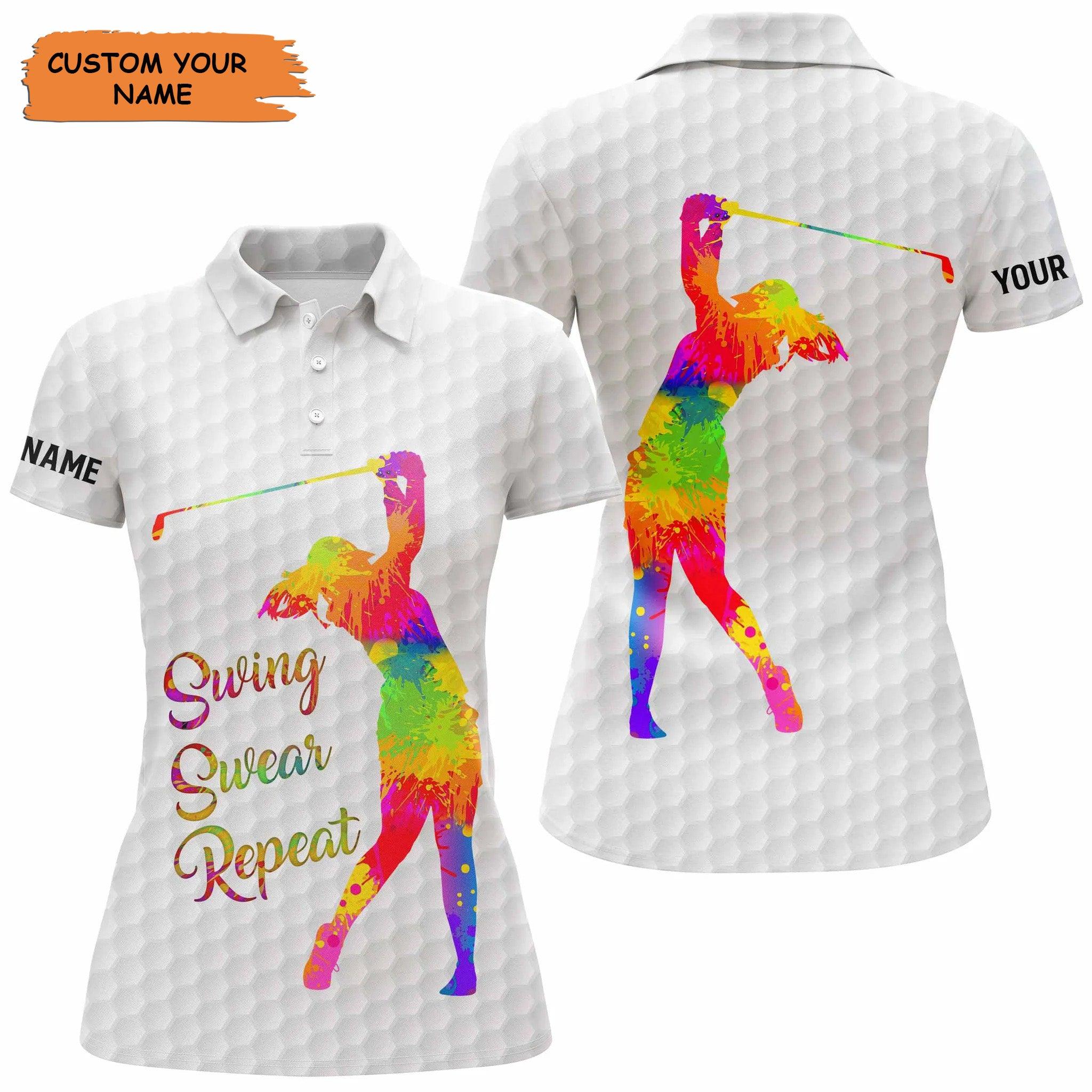 Customized Name Golf Women Polo Shirts, Personalized Watercolor Swing Swear Repeat Polo Shirts - Perfect Gift For Ladies, Golfers, Golf Lovers
