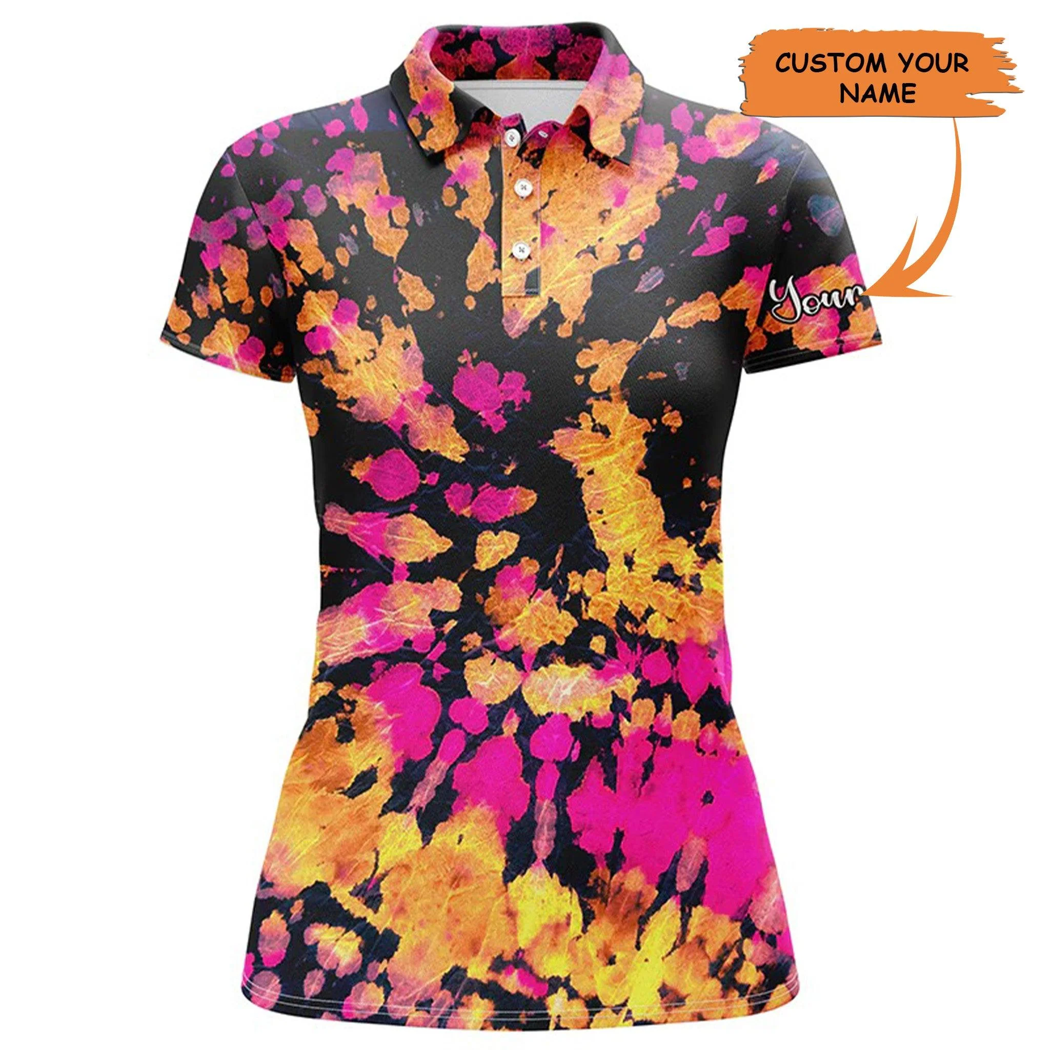 Customized Name Golf Women Polo Shirts, Personalized Yellow, Pink, Black Tie Dye Pattern Polo Shirts - Perfect Gift For Ladies, Golf Lovers, Golfers