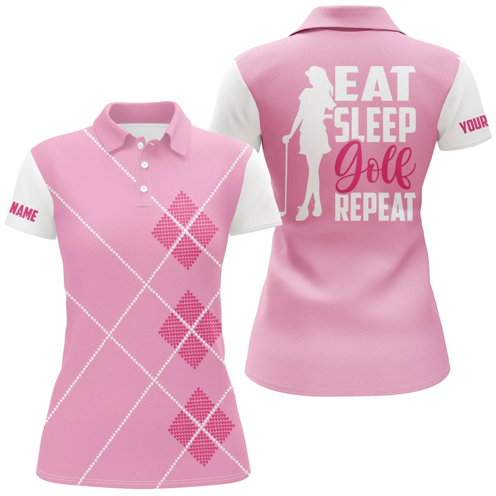 Customized Name Golf Women Polo Shirts, Pink Argyle Pattern Personalized Eat Sleep Golf Repeat Polo Shirts - Perfect Gift For Golfers, Golf Lovers - Image 2