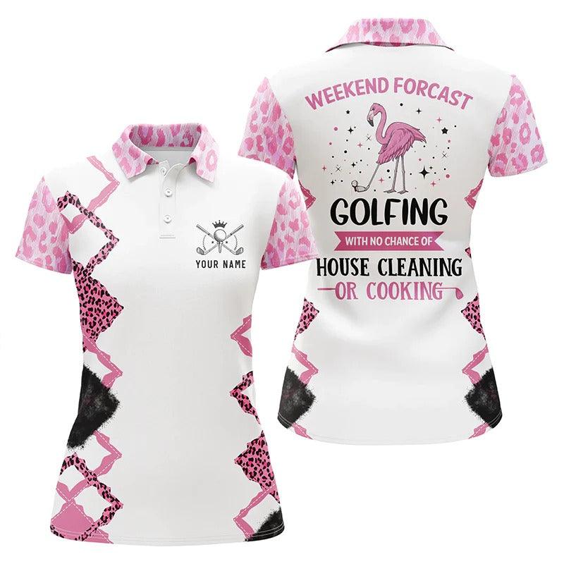 Customized Name Golf Women Polo Shirts, Pink Flamingo Leopard Pattern Personalized Weekend Forecast - Perfect Gift For Ladies, Golfers, Golf Lovers - Image 2