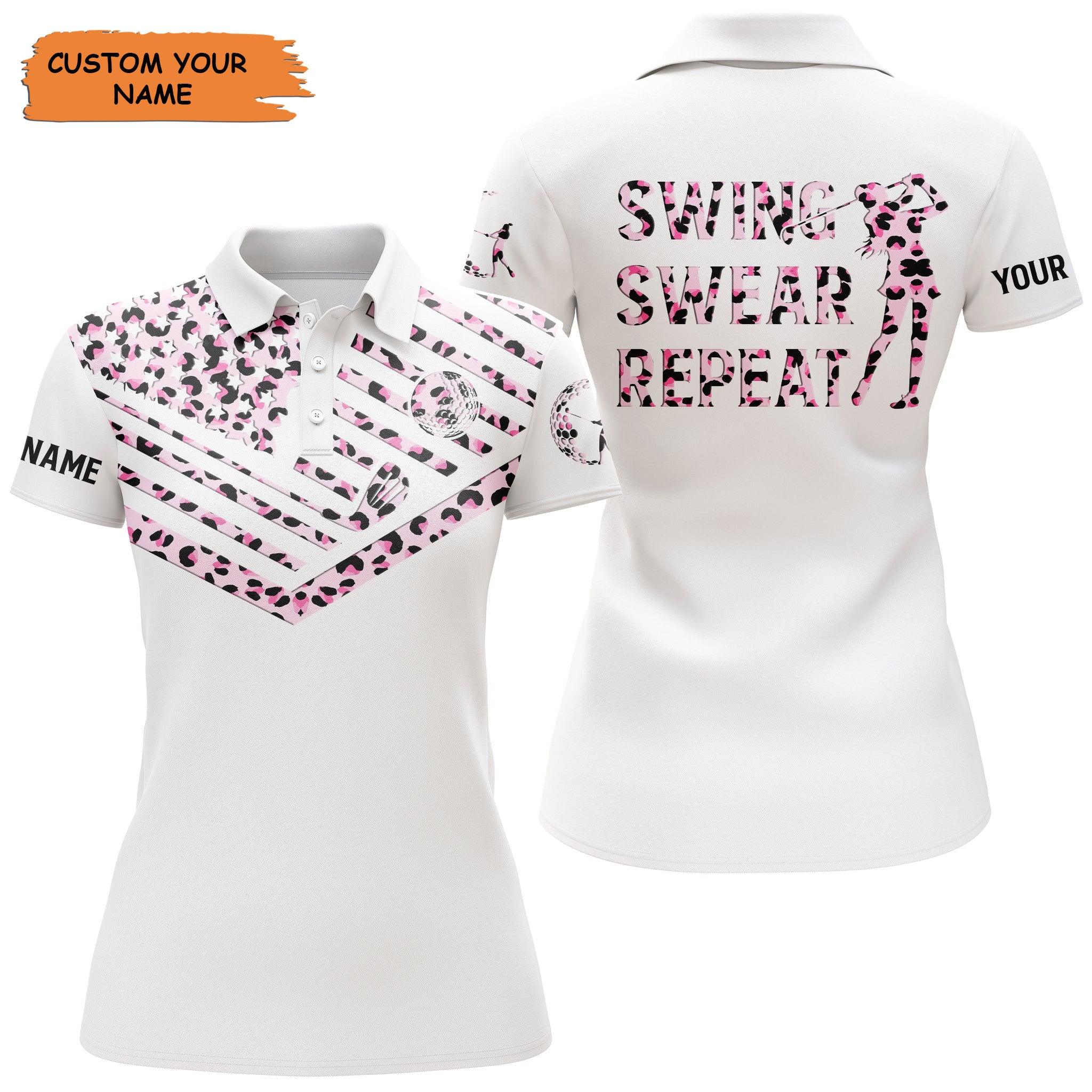 Customized Name Golf Women Polo Shirts, Pink Leopard American Flag Personalized Golf Swing Swear Repeat Shirts - Perfect Gift For Golfers, Golf Lovers