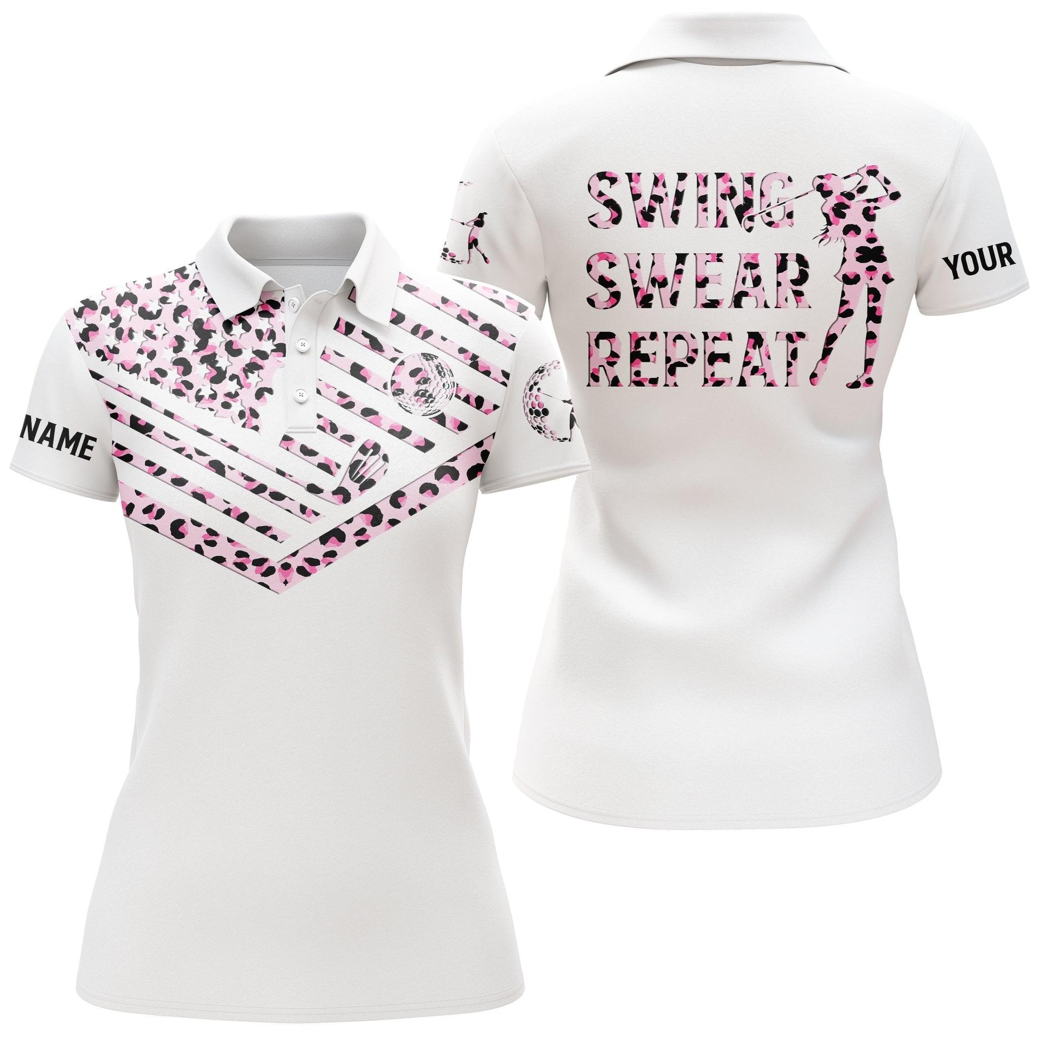 Customized Name Golf Women Polo Shirts, Pink Leopard American Flag Personalized Golf Swing Swear Repeat Shirts - Perfect Gift For Golfers, Golf Lovers - Image 2