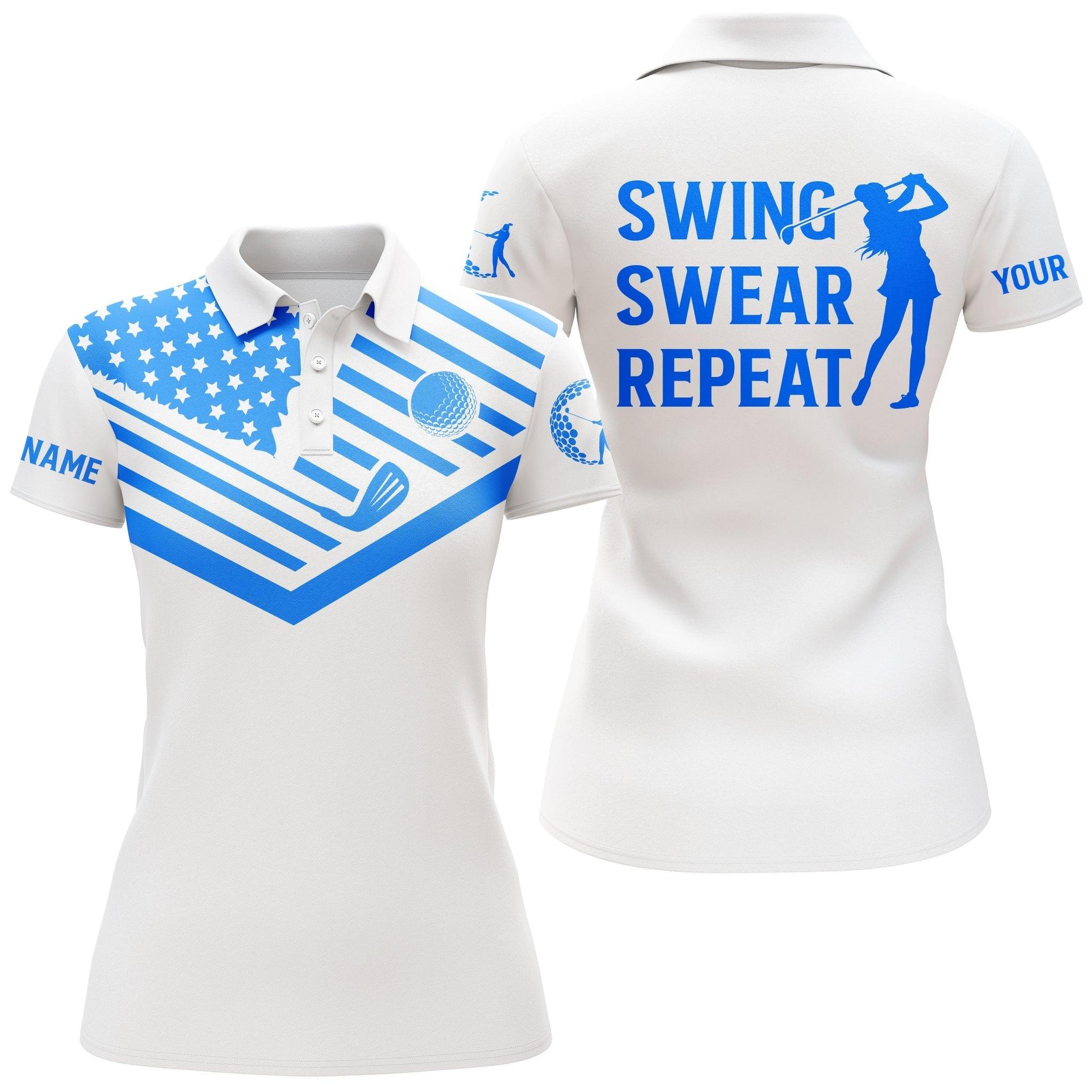 Customized Name Golf Women Polo Shirts, Pink Leopard American Flag Personalized Golf Swing Swear Repeat Shirts - Perfect Gift For Golfers, Golf Lovers - Image 3