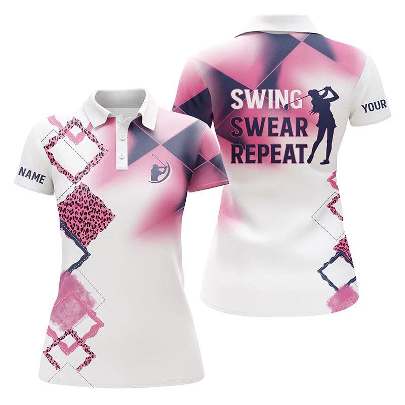 Customized Name Golf Women Polo Shirts, Pink Leopard Pattern Personalized Swing Swear Repeat White Golf Shirt - Perfect Gift For Golfers, Golf Lovers - Image 2