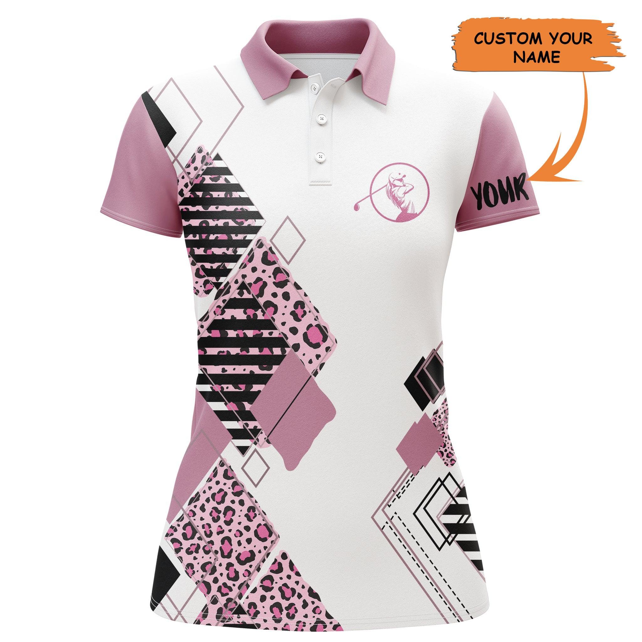 Customized Name Golf Women Polo Shirts, Pink Leopard Pattern Personalized White Women Golf Polo Shirts - Perfect Gift For Ladies, Golfers, Golf Lovers