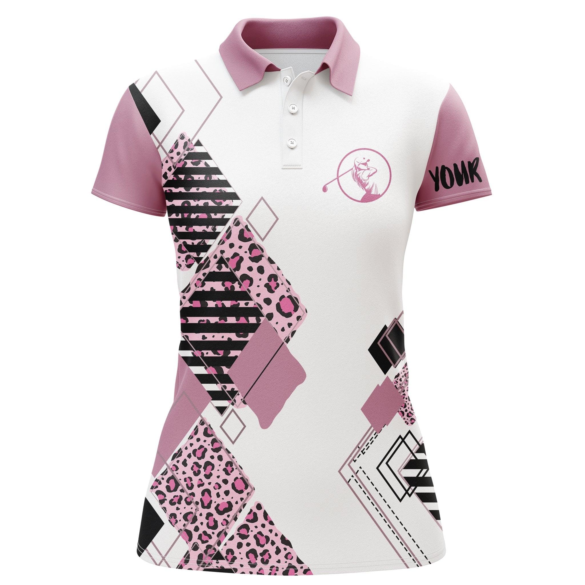 Customized Name Golf Women Polo Shirts, Pink Leopard Pattern Personalized White Women Golf Polo Shirts - Perfect Gift For Ladies, Golfers, Golf Lovers - Image 2