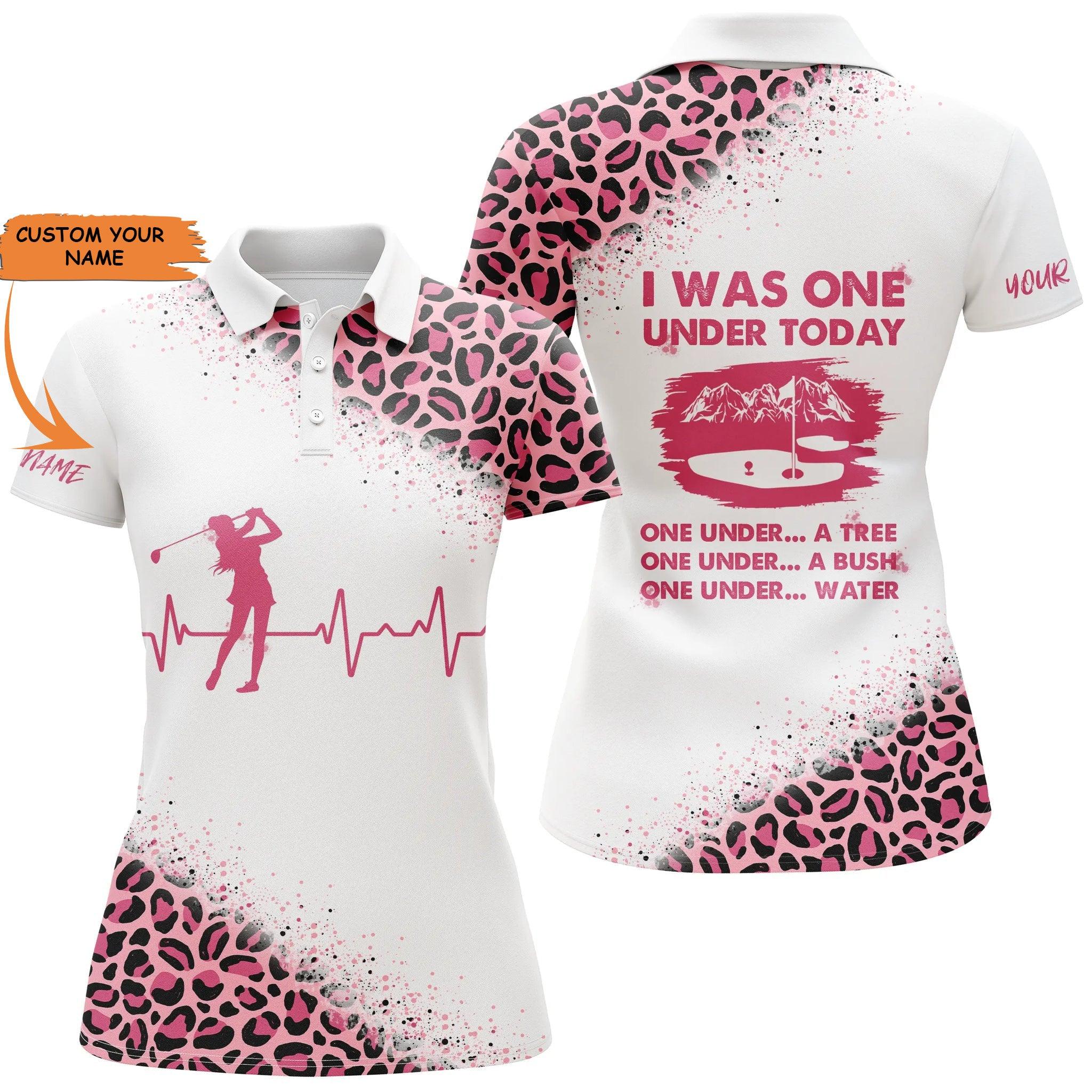 Customized Name Golf Women Polo Shirts, Pink Leopard White Personalized I Was One Under Today Polo Shirts - Perfect Gift For Golf Lovers, Golfers