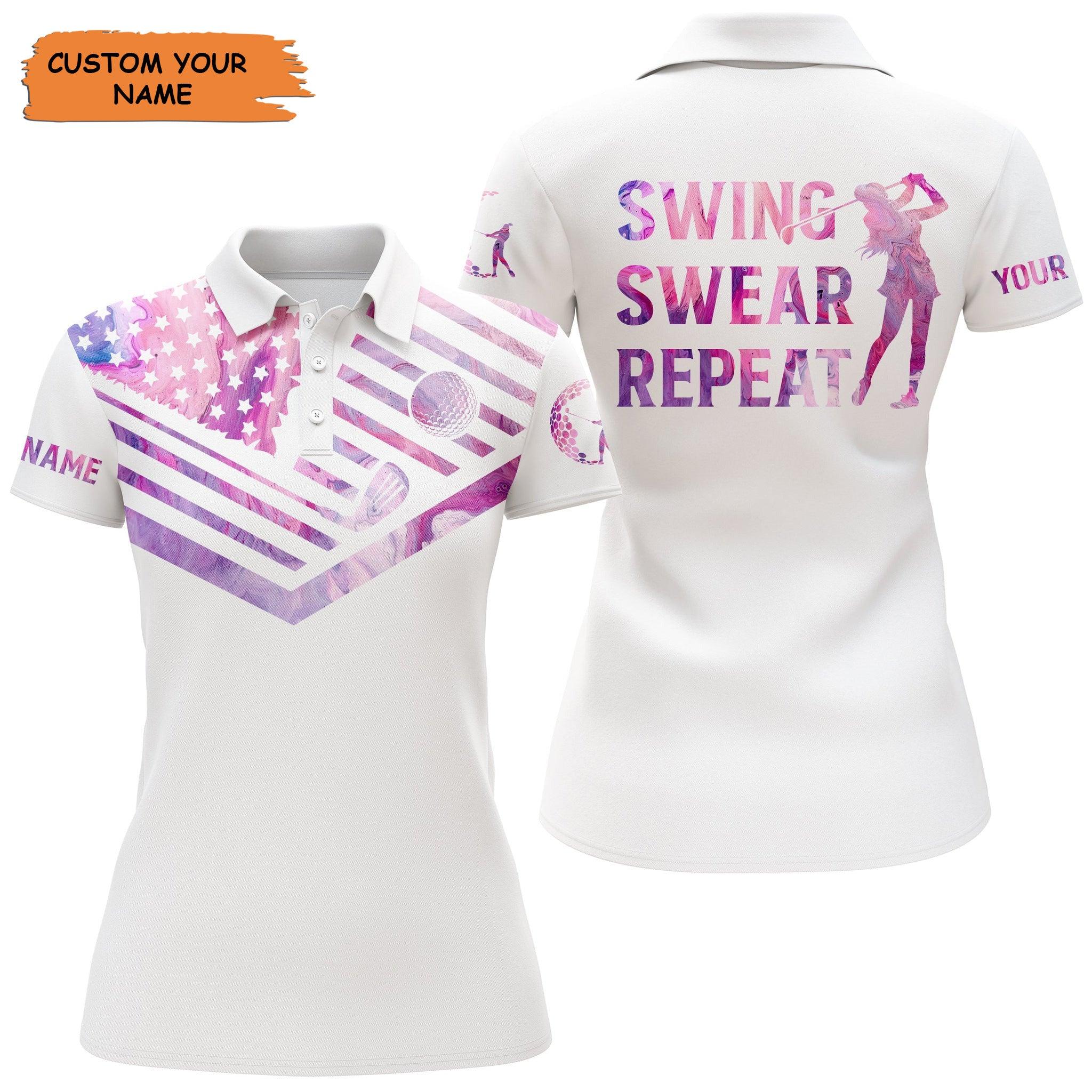 Customized Name Golf Women Polo Shirts, Pink Marble American Flag Personalized Golf Swing Swear Repeat Shirts - Perfect Gift For Golfers, Golf Lovers