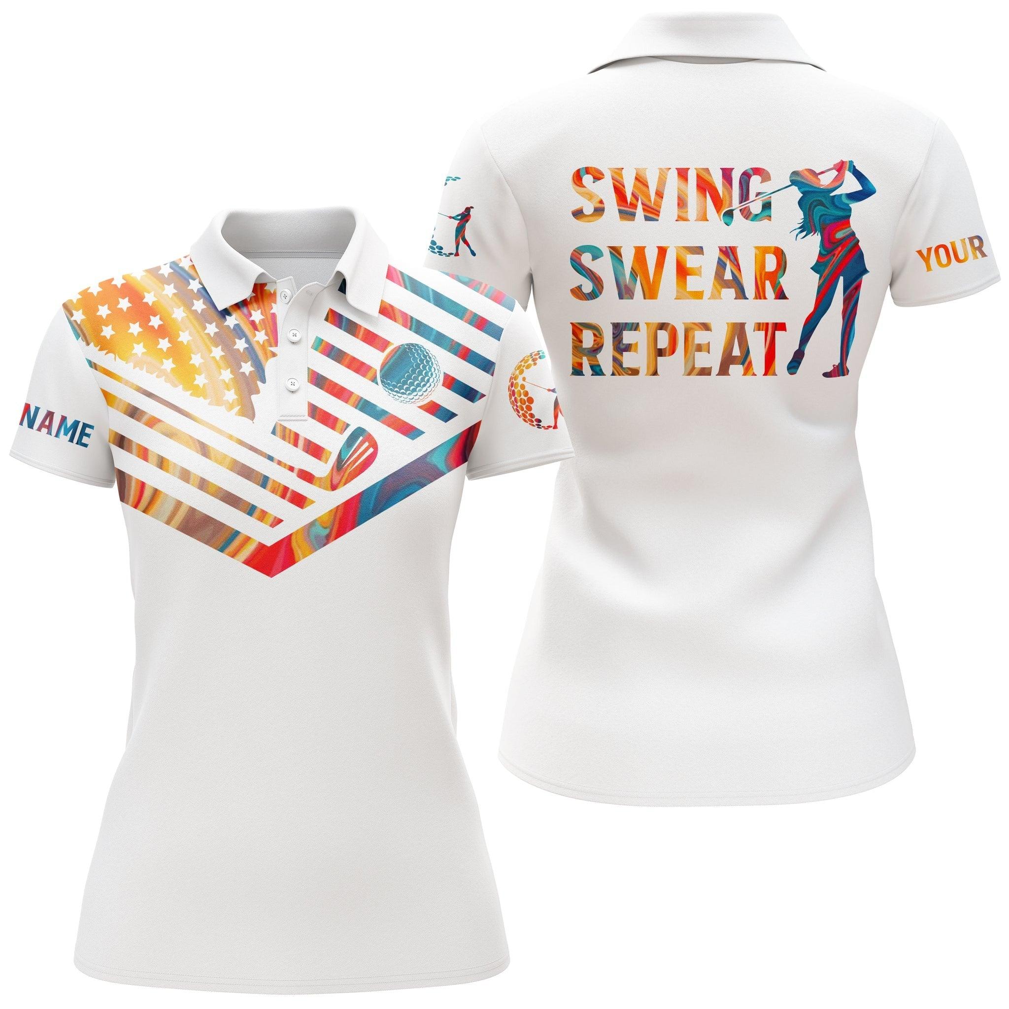 Customized Name Golf Women Polo Shirts, Pink Marble American Flag Personalized Golf Swing Swear Repeat Shirts - Perfect Gift For Golfers, Golf Lovers - Image 3