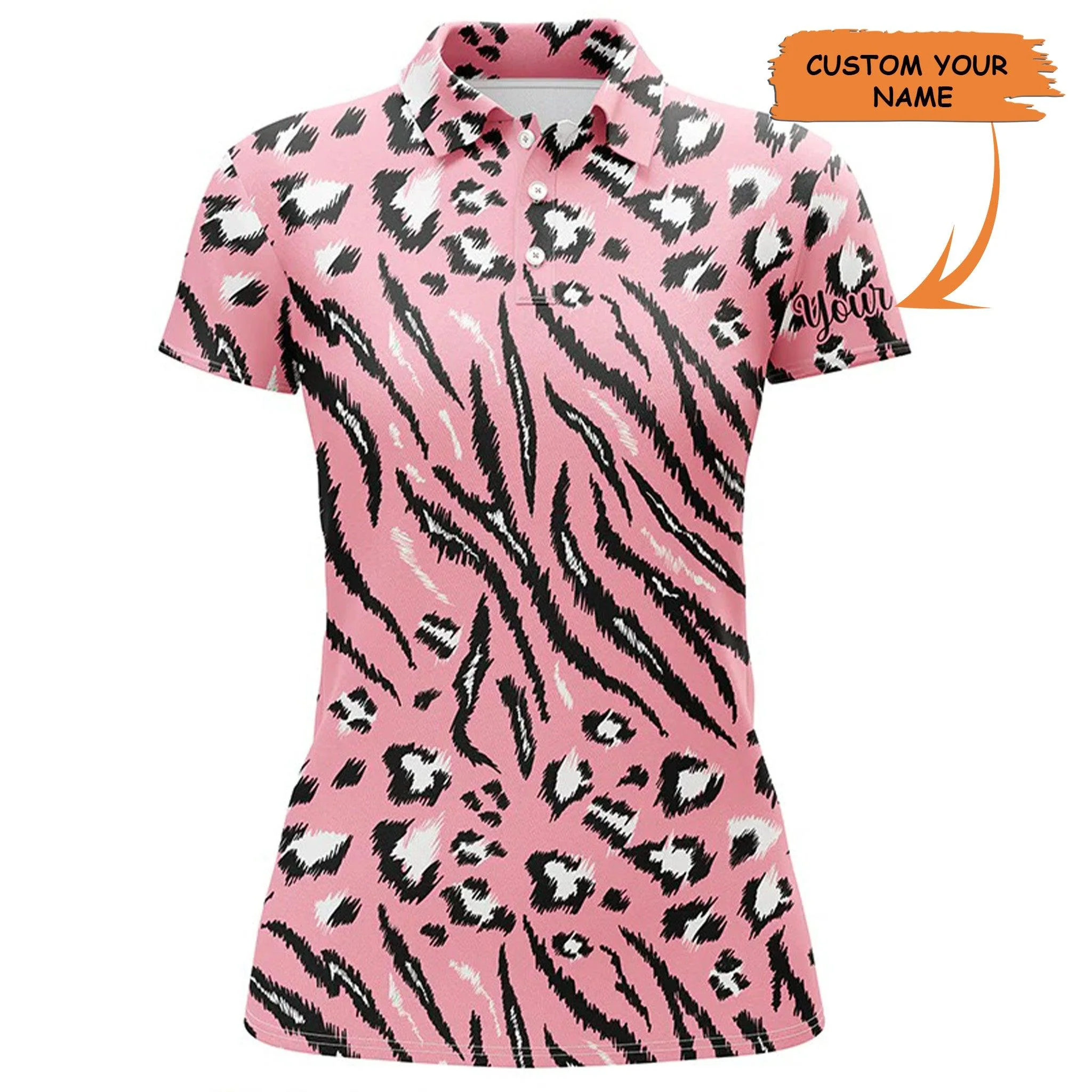 Customized Name Golf Women Polo Shirts, Pink Tiger Leopard Texture Personalized Unique Golfers Gifts - Perfect Gift For Ladies, Golfers, Golf Lovers