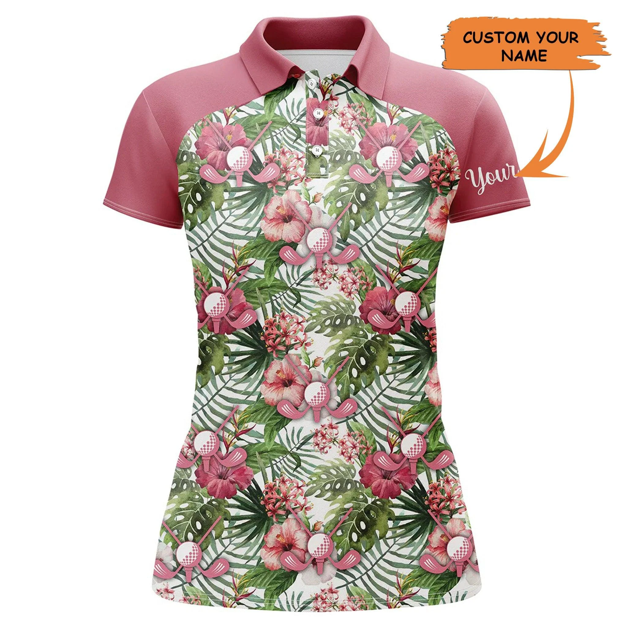 Customized Name Golf Women Polo Shirts, Pink Tropical Flower Leaves Pattern Personalized Women Golf Polo Shirt - Perfect Gift For Golfers, Golf Lovers
