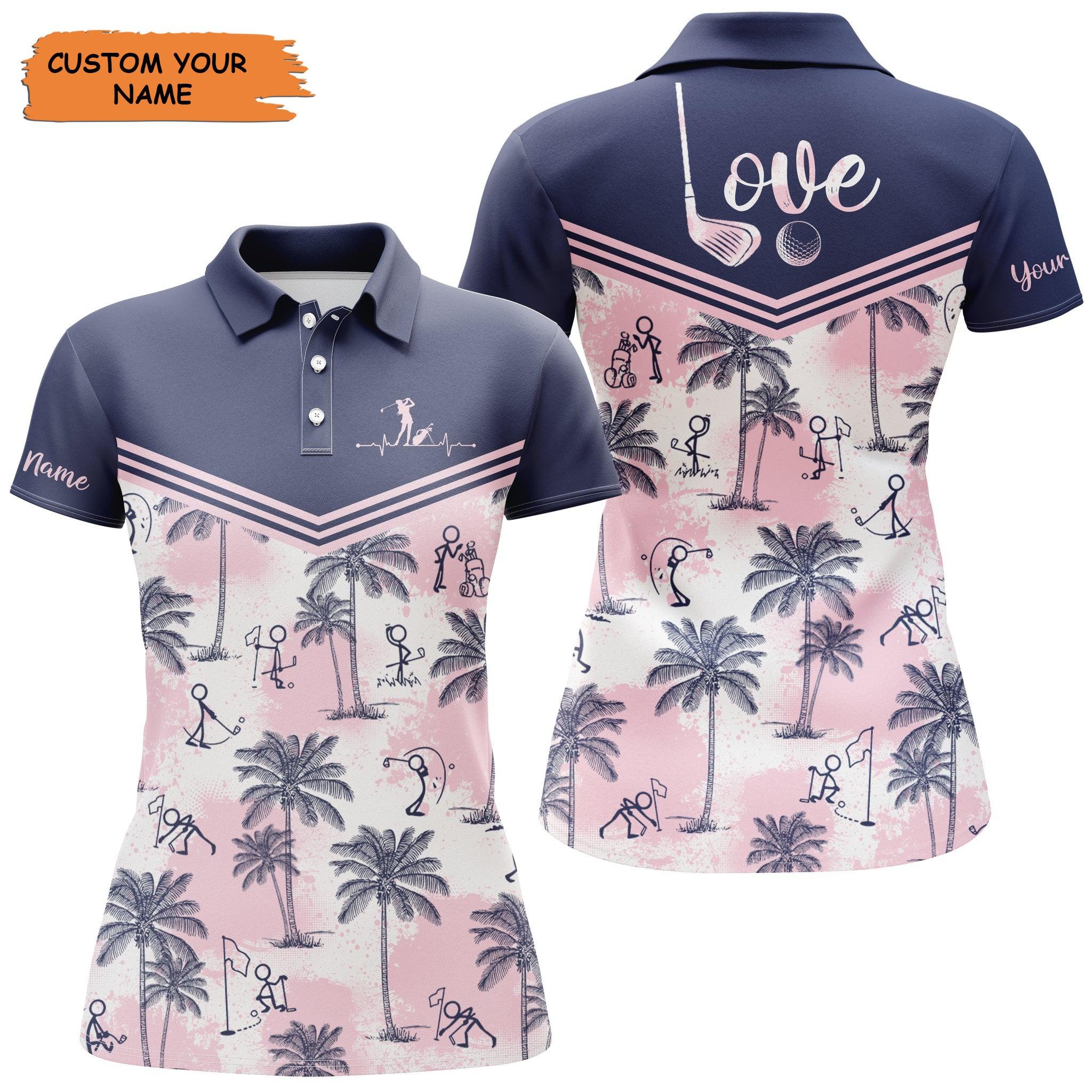 Customized Name Golf Women Polo Shirts, Pink Tropical Palm Pattern Personalized Women Golf Polo Shirt - Perfect Gift For Golfers, Golf Lovers