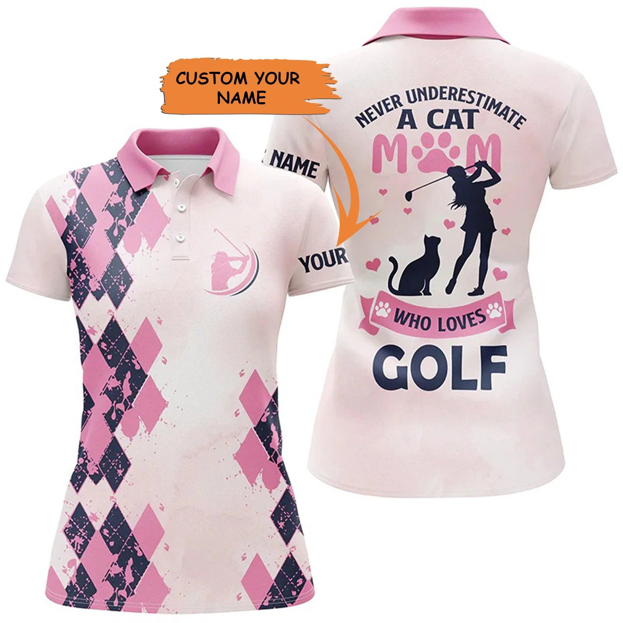 Customized Name Golf Women Polo Shirts, Pink Women Polo Shirts Personalized A Cat Mom Who Loves Golf  - Perfect Gift For Ladies, Golfers, Golf Lovers