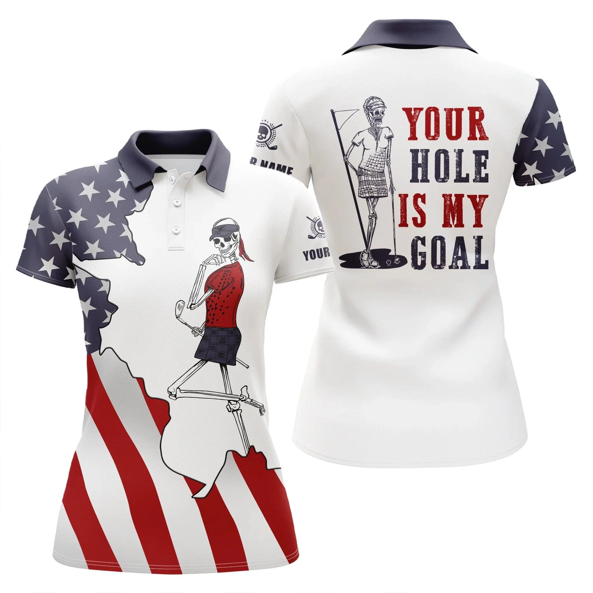 Customized Name Golf Women Polo Shirts, Skull, American Flag Patriotic, Personalized Ladies Golf Polo Shirts - Perfect Gift For Golfers, Golf Lovers - Image 3
