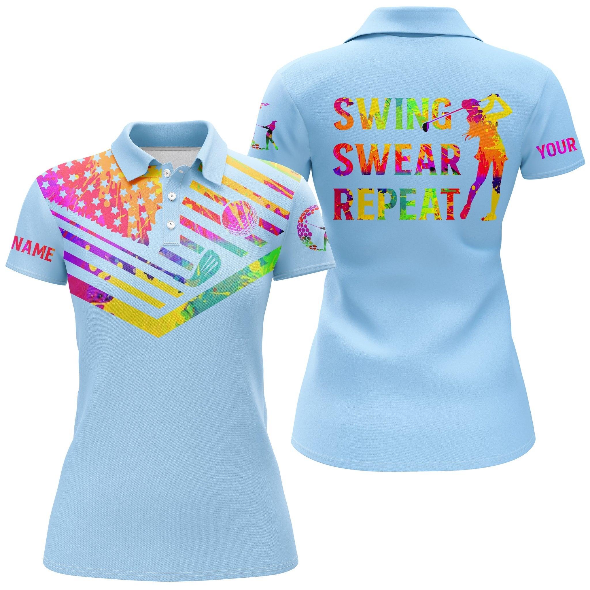 Customized Name Golf Women Polo Shirts, Watercolor American Flag Personalized Swing Swear Repeat Light Blue - Perfect Gift For Golfers, Golf Lovers - Image 2