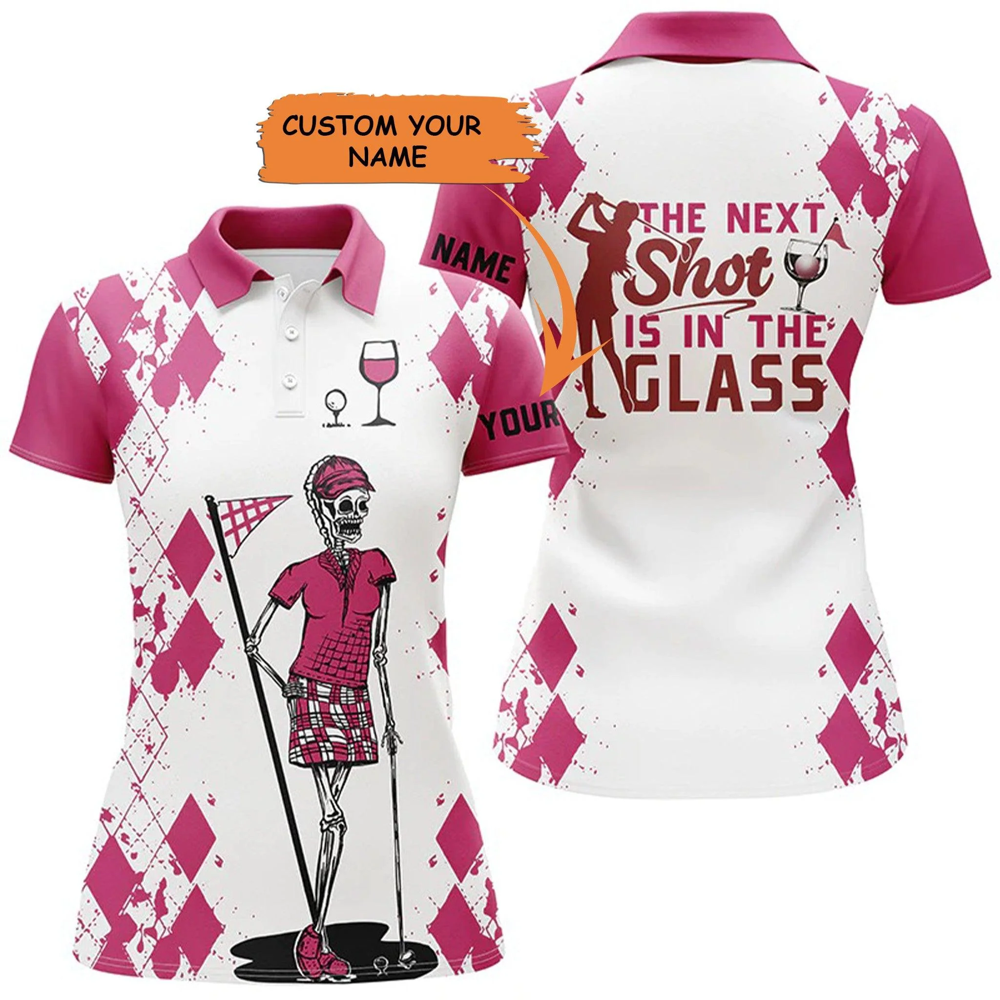 Customized Name Golf Women Polo Shirts, White Pink Personalized Golf & Wine Skeleton Playing Golf - Perfect Gift For Ladies, Golfers, Golf Lovers