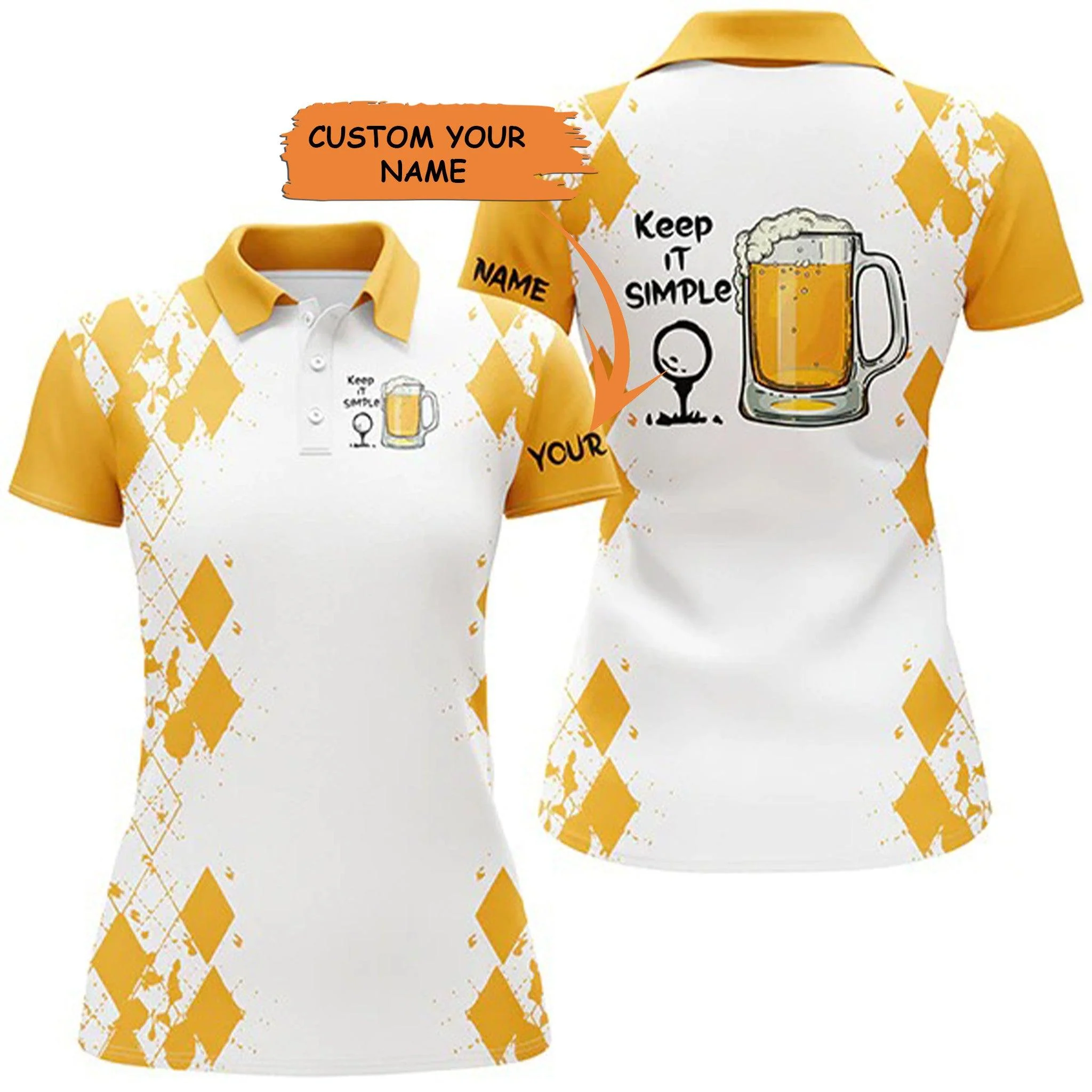 Customized Name Golf Women Polo Shirts, White Yellow Polo Shirt Personalized Keep It Simple Golf & Beer - Perfect Gift For Ladies, Golfers, Golf Lovers