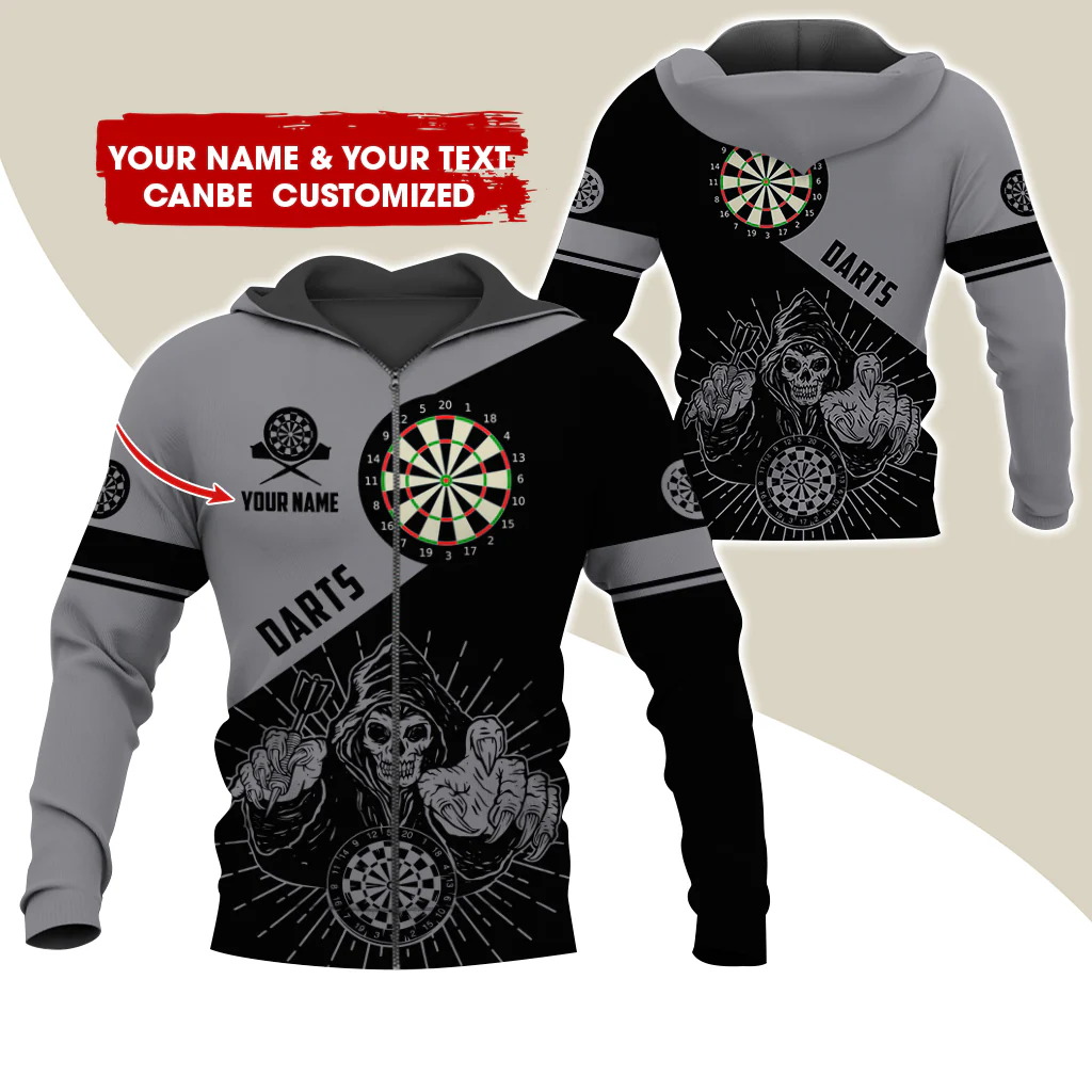 Customized Name Grim Reaper Darts Premium Zip Hoodie, Personalized Name Dartboard Zip Hoodie For Men & Women - Gift For Darts Lovers, Darts Players - Image 2