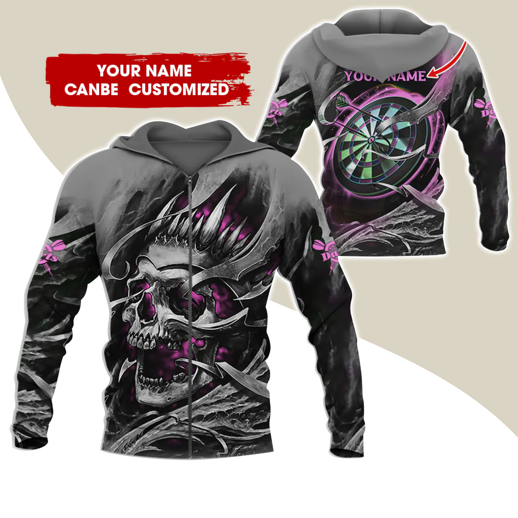 Customized Name Skull Darts Premium Zip Hoodie, Personalized Name Dartboard Zip Hoodie For Men & Women - Gift For Darts Lovers, Darts Players - Image 10