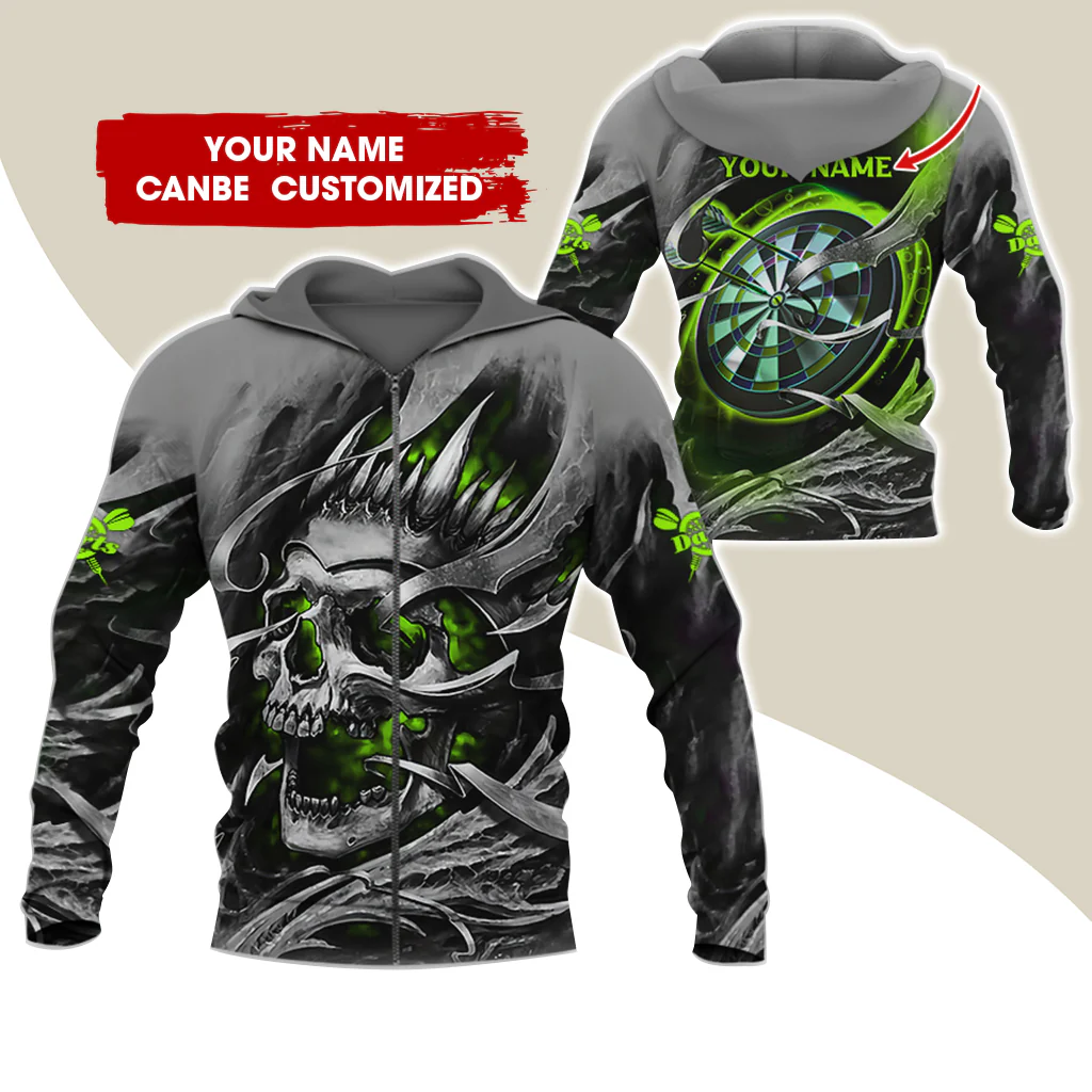 Customized Name Skull Darts Premium Zip Hoodie, Personalized Name Dartboard Zip Hoodie For Men & Women - Gift For Darts Lovers, Darts Players - Image 2