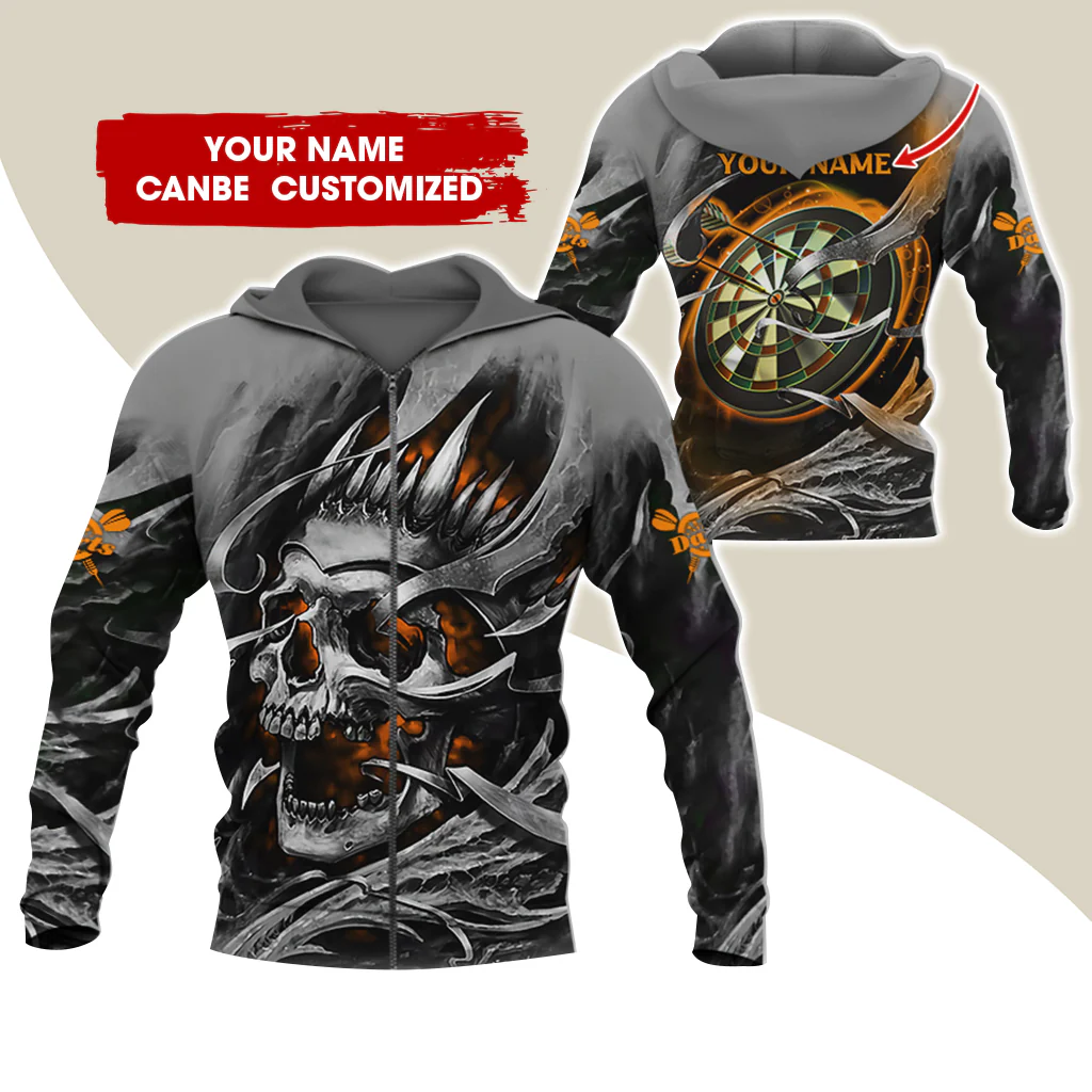 Customized Name Skull Darts Premium Zip Hoodie, Personalized Name Dartboard Zip Hoodie For Men & Women - Gift For Darts Lovers, Darts Players - Image 4